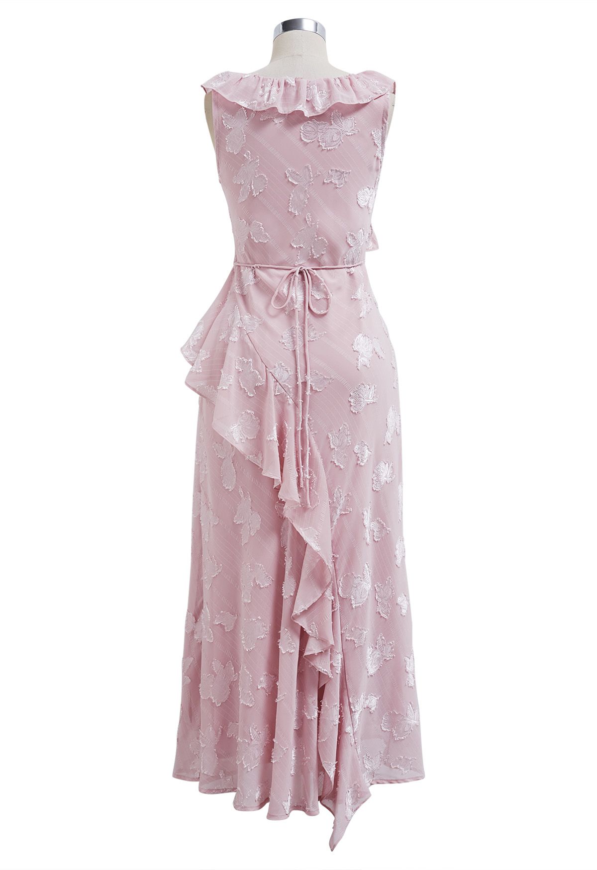 Burnout Rose Ruffle Edge V-Neck Midi Dress in Pink