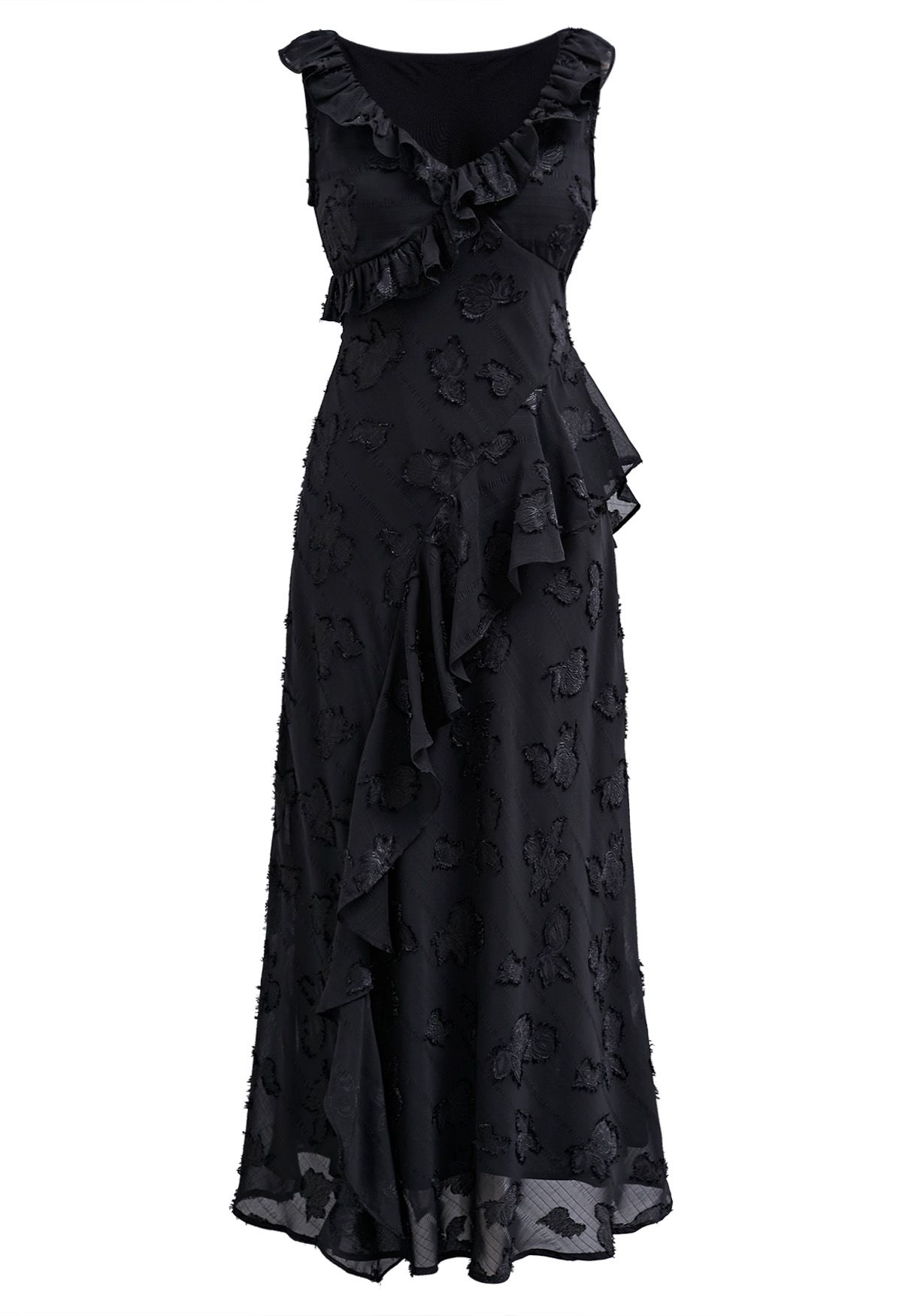 Burnout Rose Ruffle Edge V-Neck Midi Dress in Black