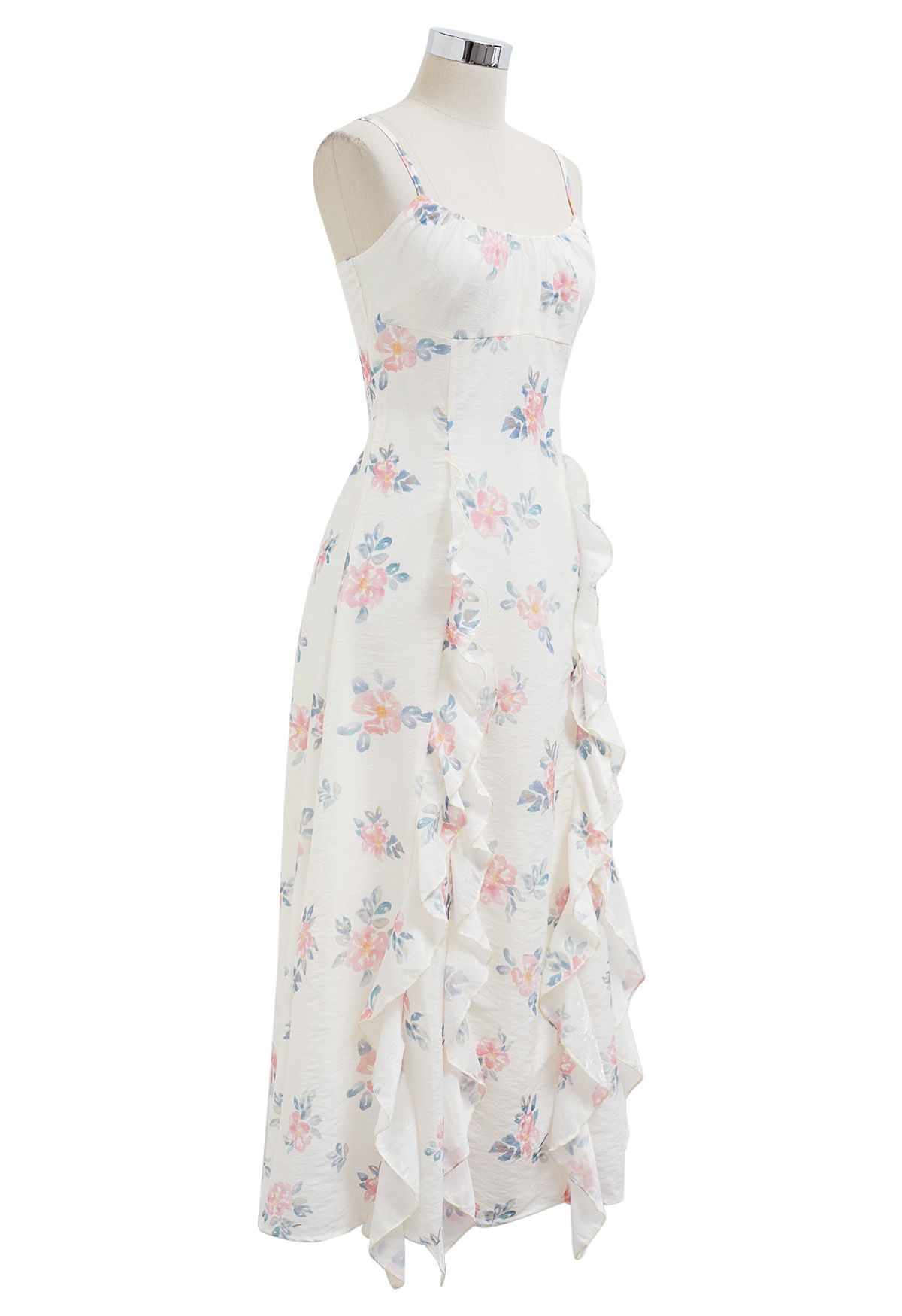 Watercolor Floral Ruffle Trim Cami Dress in Pink