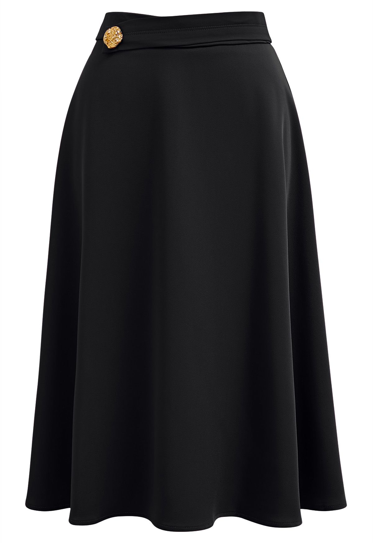 Golden Button Embellished Midi Skirt in Black