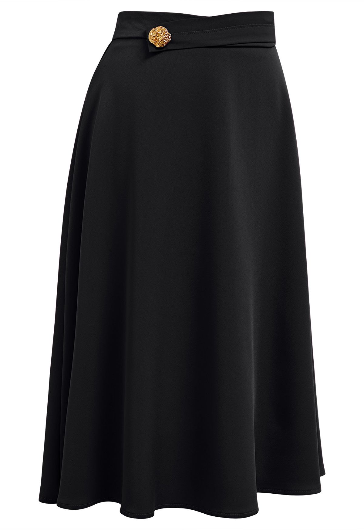 Golden Button Embellished Midi Skirt in Black