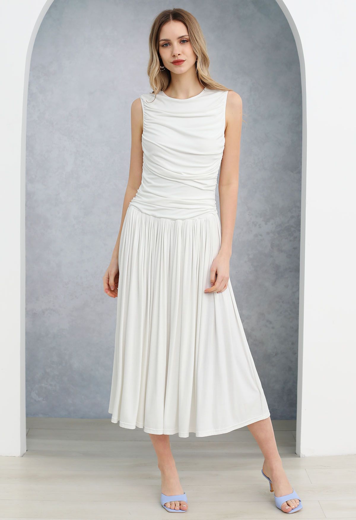 Effortless Ruched Sleeveless Cotton Dress in White