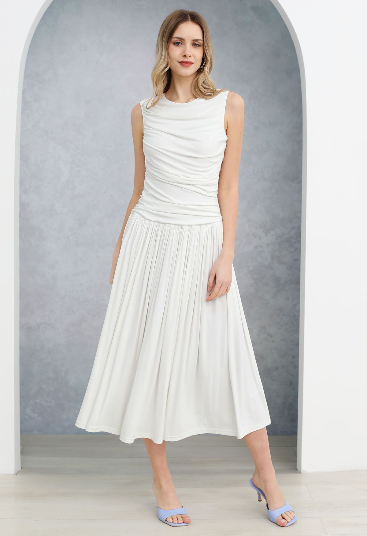 Effortless Ruched Sleeveless Cotton Dress in White