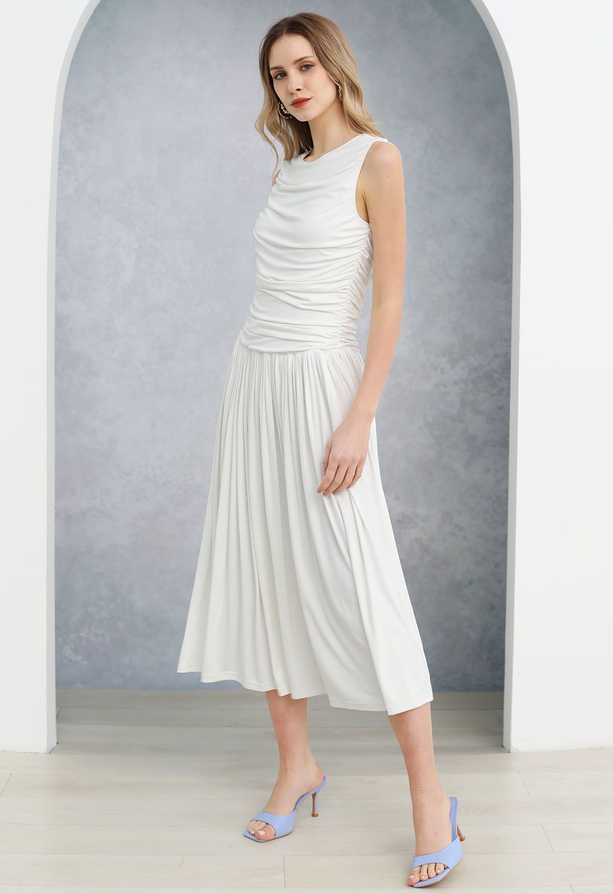 Effortless Ruched Sleeveless Cotton Dress in White