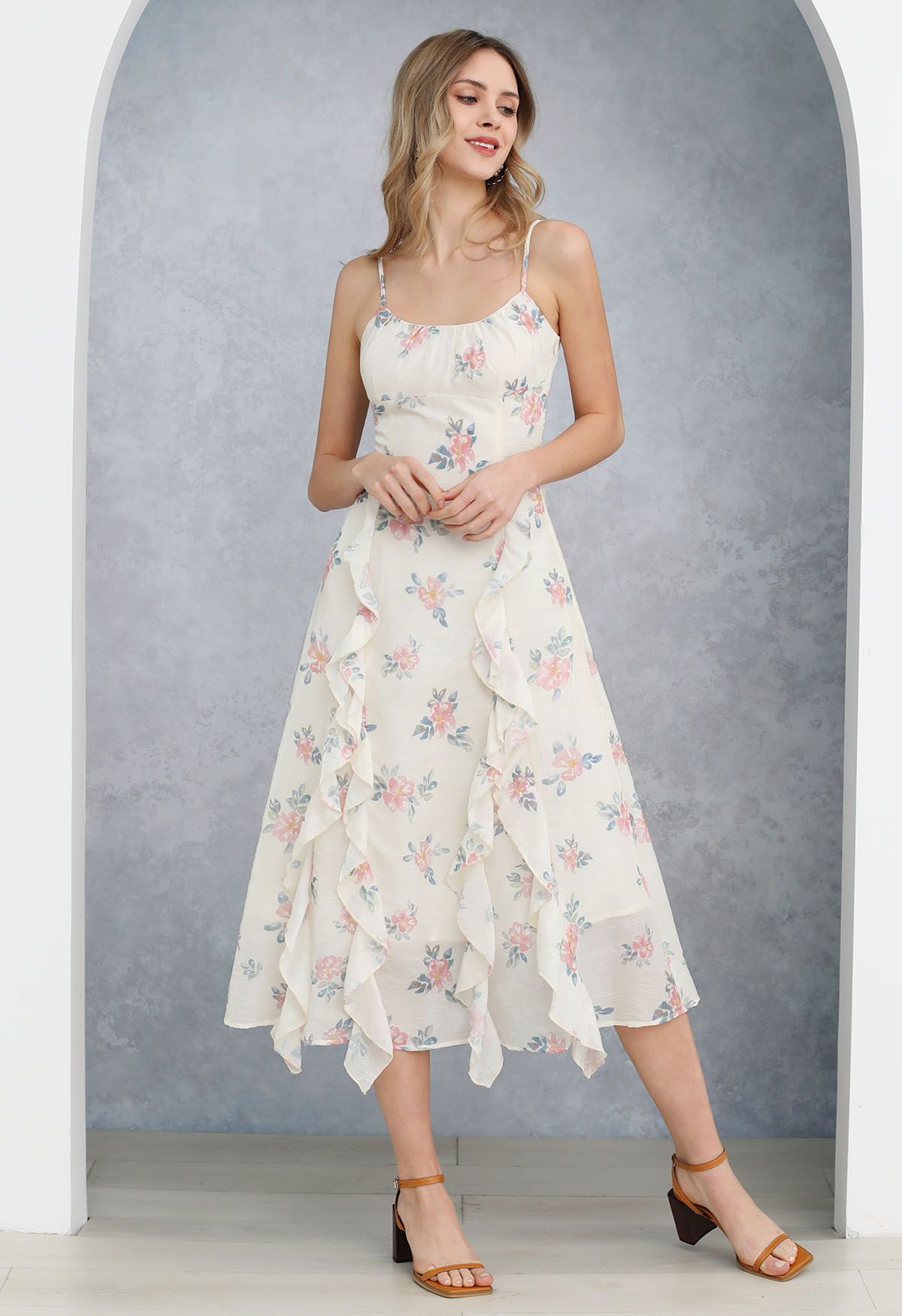 Watercolor Floral Ruffle Trim Cami Dress in Pink