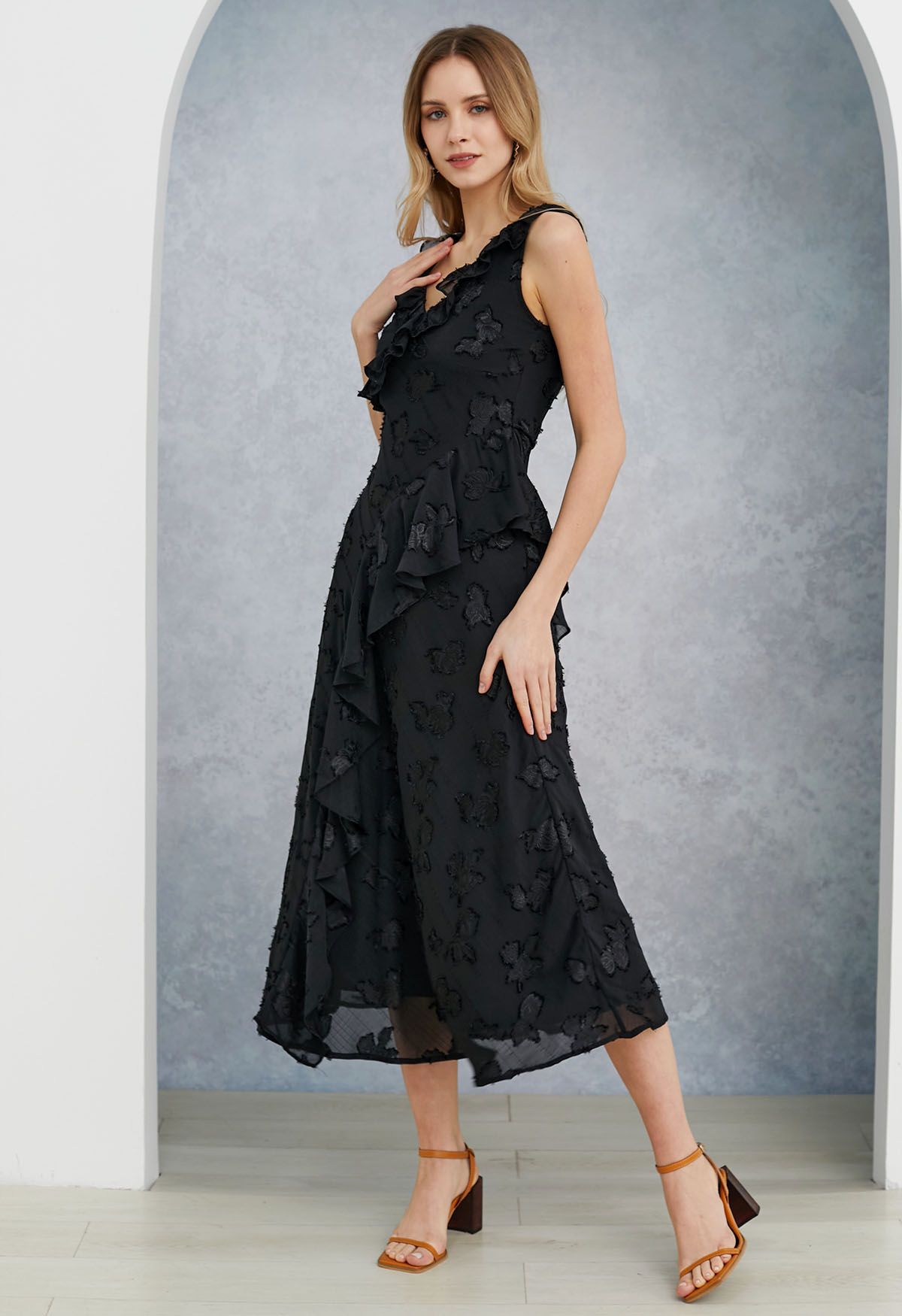 Burnout Rose Ruffle Edge V-Neck Midi Dress in Black