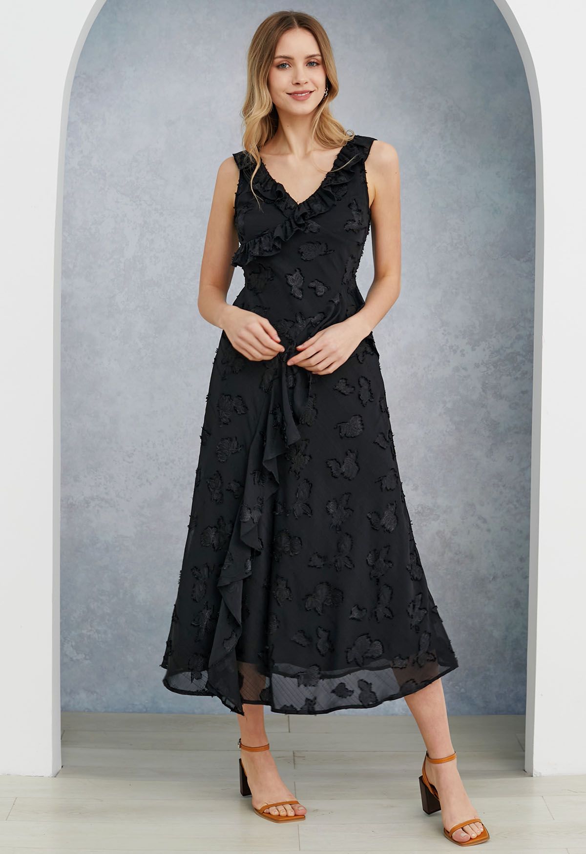 Burnout Rose Ruffle Edge V-Neck Midi Dress in Black