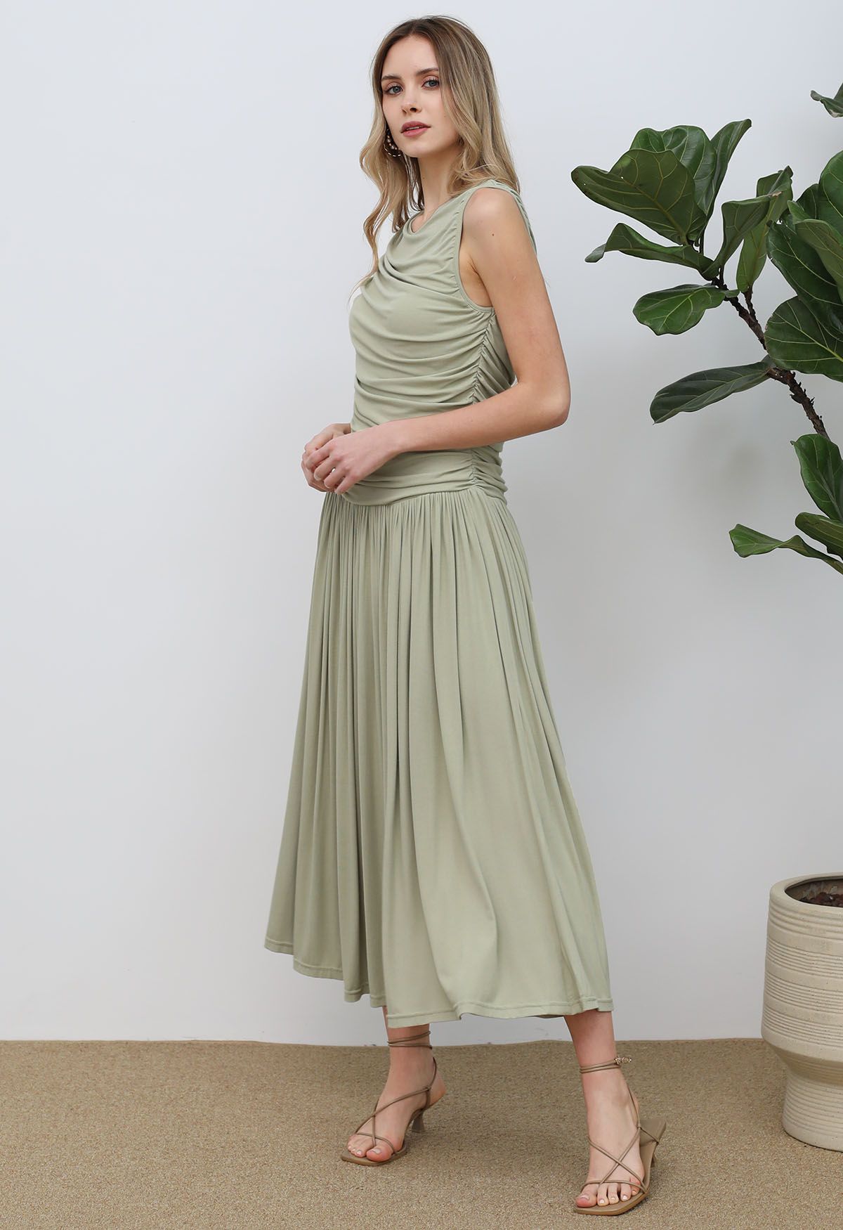 Effortless Ruched Sleeveless Cotton Dress in Pea Green