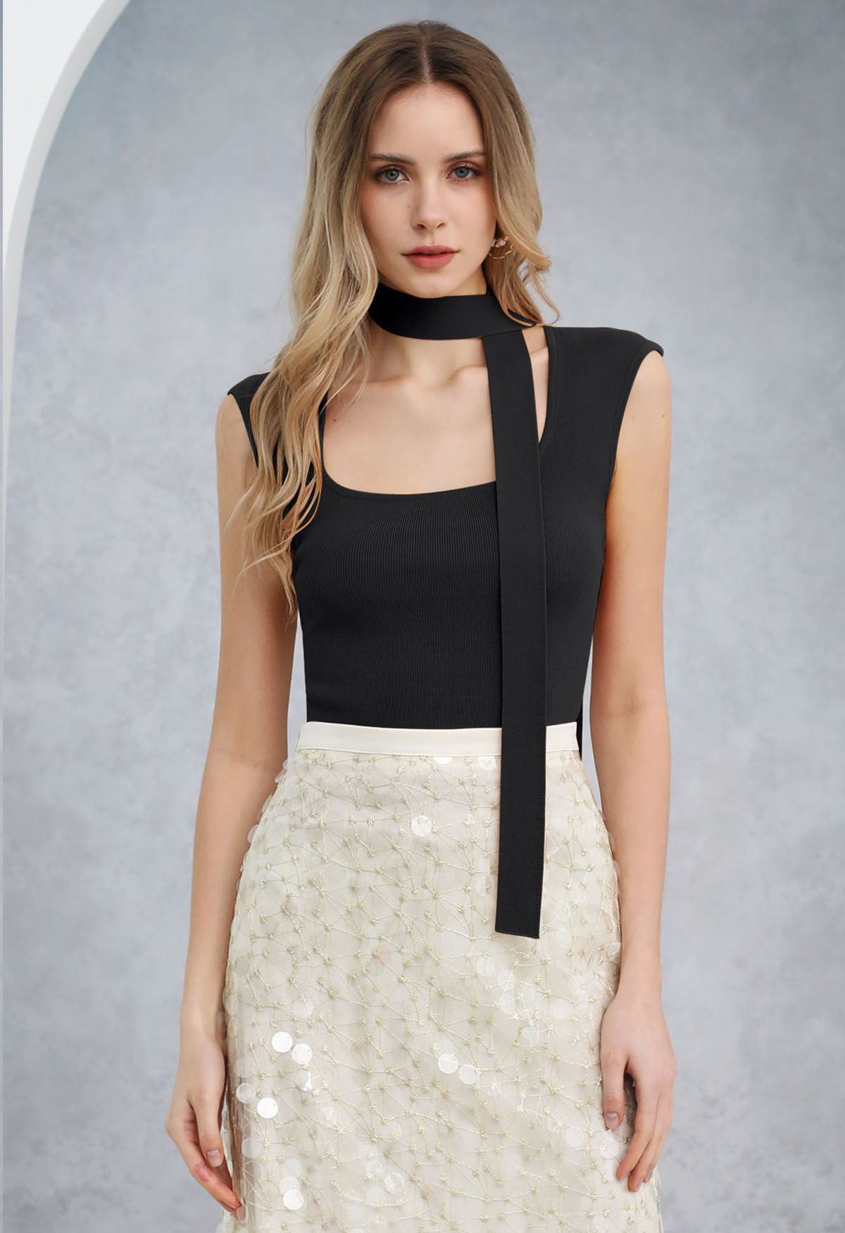 Square Neck Sleeveless Knit Top with Sash in Black