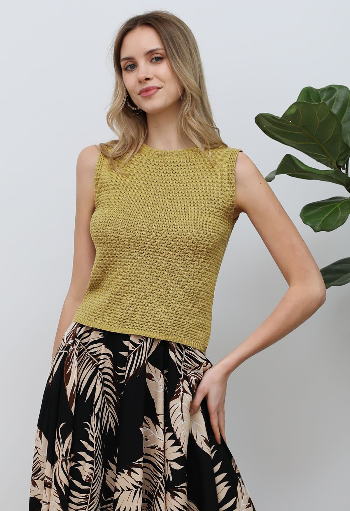 Solid Color Openwork Knit Sleeveless Top in Mustard