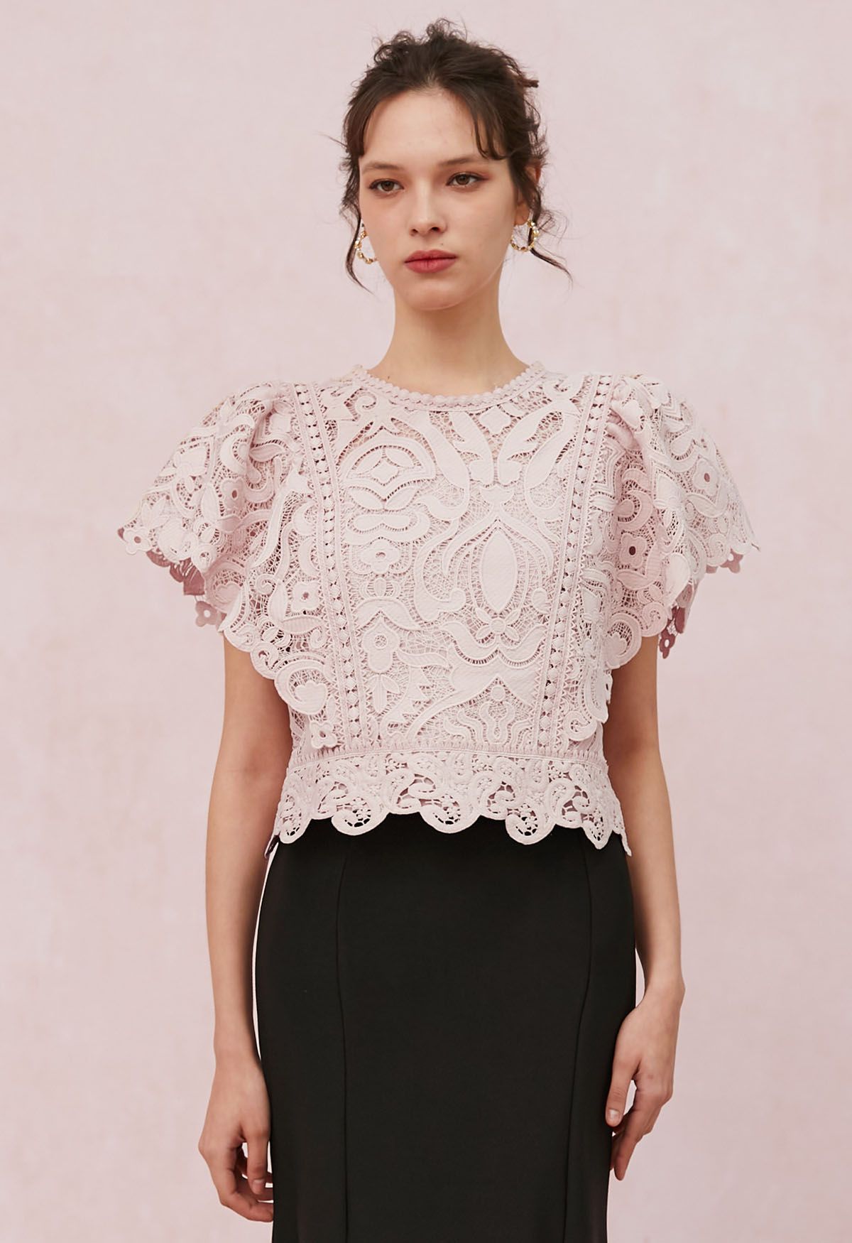 Delicate Cutie Cutwork Lace Flutter Sleeves Top in Pink