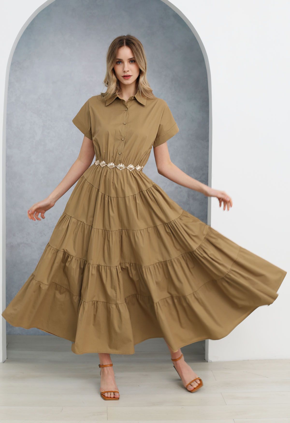 Short Sleeves Frilling Cotton Maxi Dress in Camel