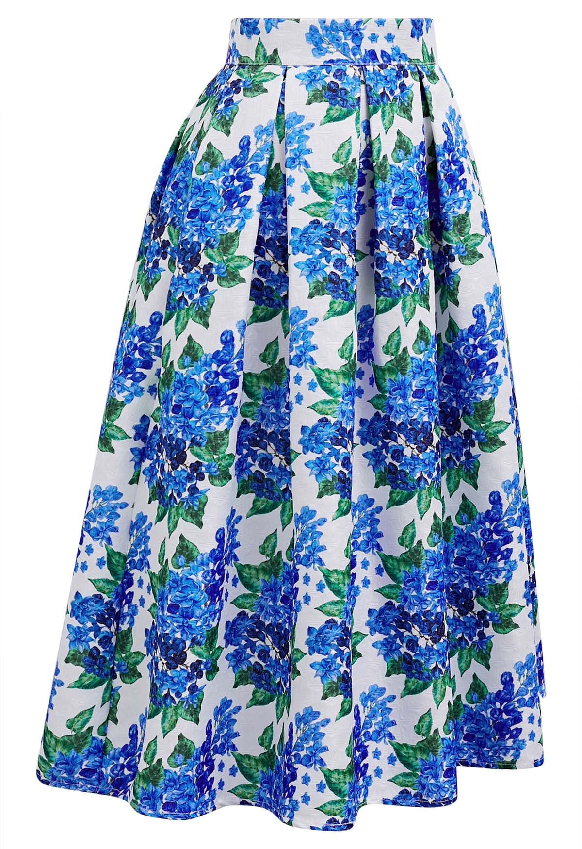 Blue Floral Romance Pleated Midi Skirt