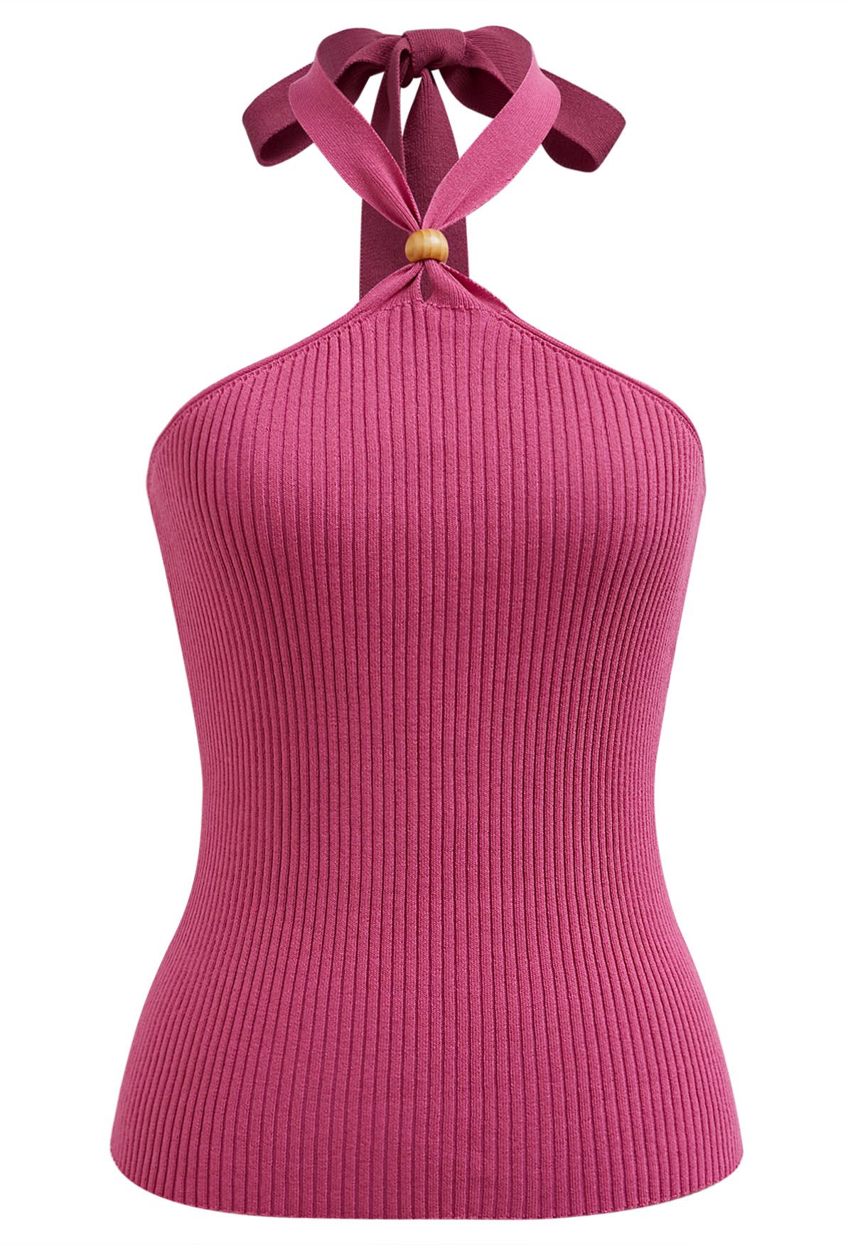 Wooden Bead Decor Halter Knit Top in Hot Pink - Retro, Indie and Unique ...