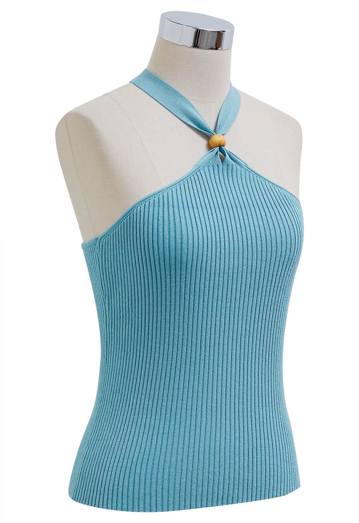 Wooden Bead Decor Halter Knit Top in Blue