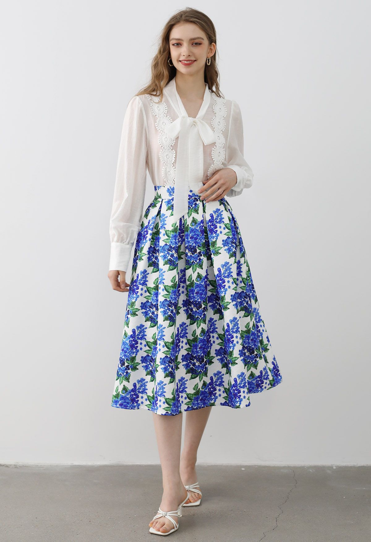 Blue Floral Romance Pleated Midi Skirt