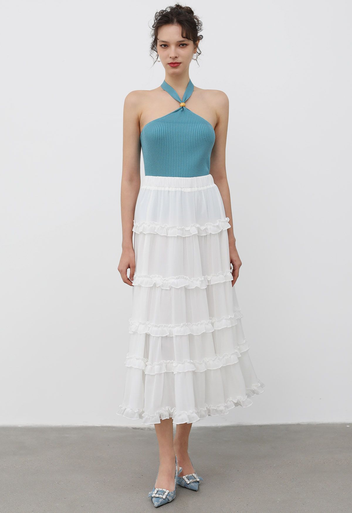 Adorable Ruffle Trim Flare Maxi Skirt in White