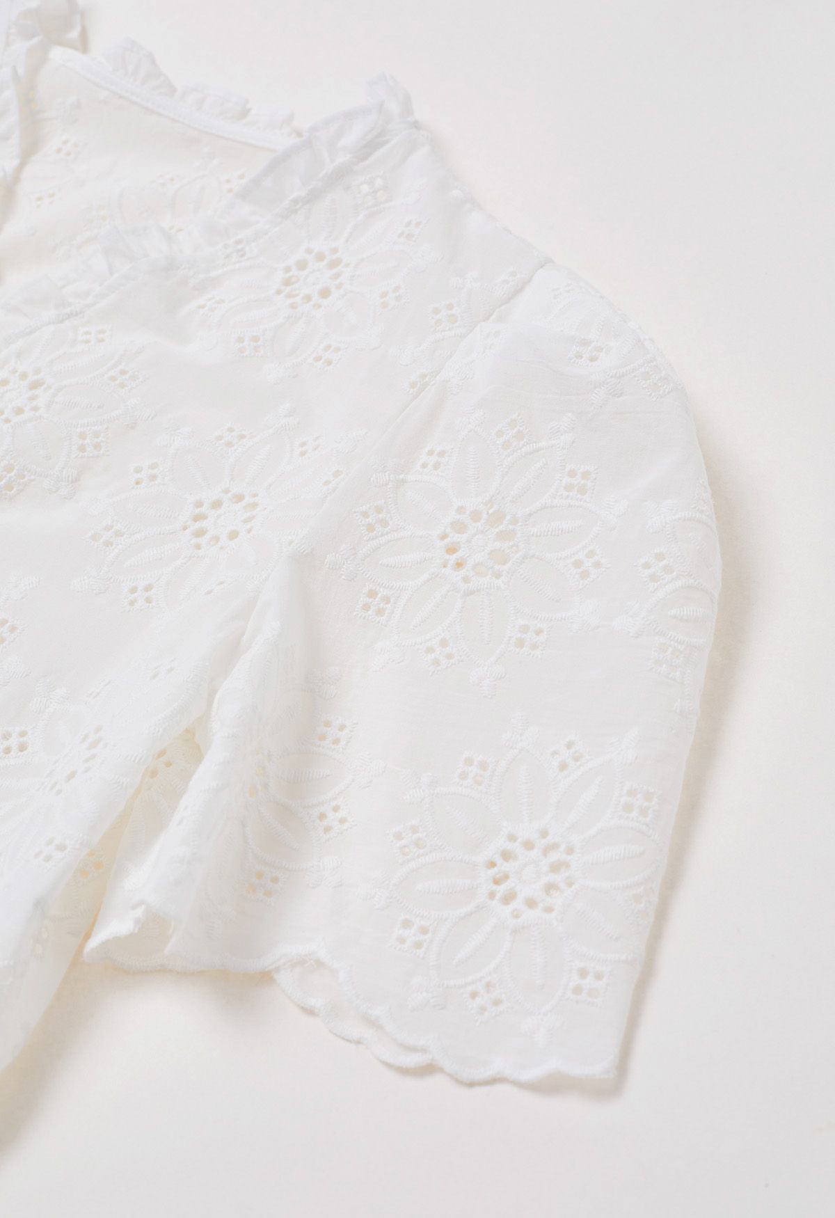 Sunflower Eyelet Embroidered Puff Sleeve Top and Pants Set in White