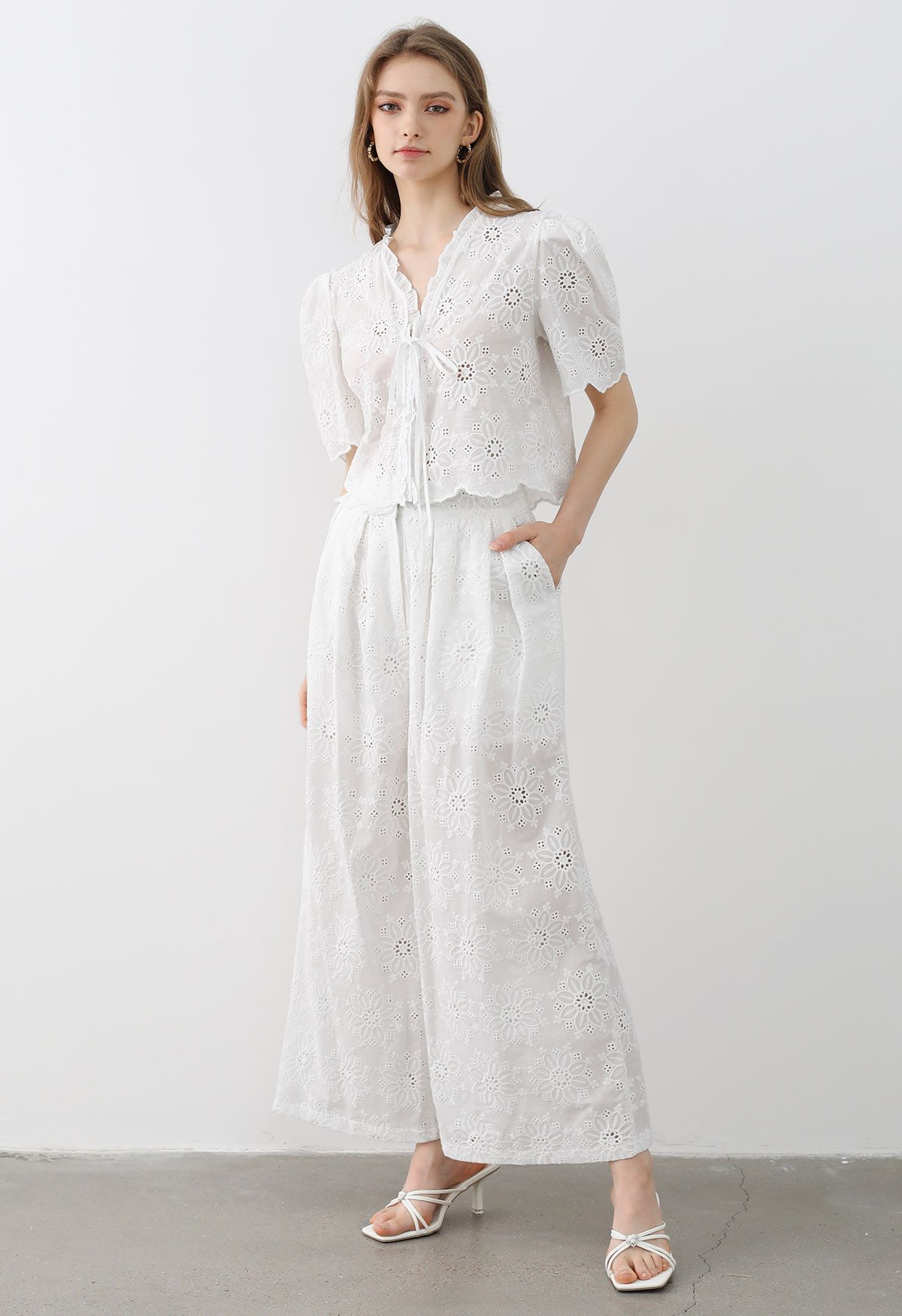 Sunflower Eyelet Embroidered Puff Sleeve Top and Pants Set in White