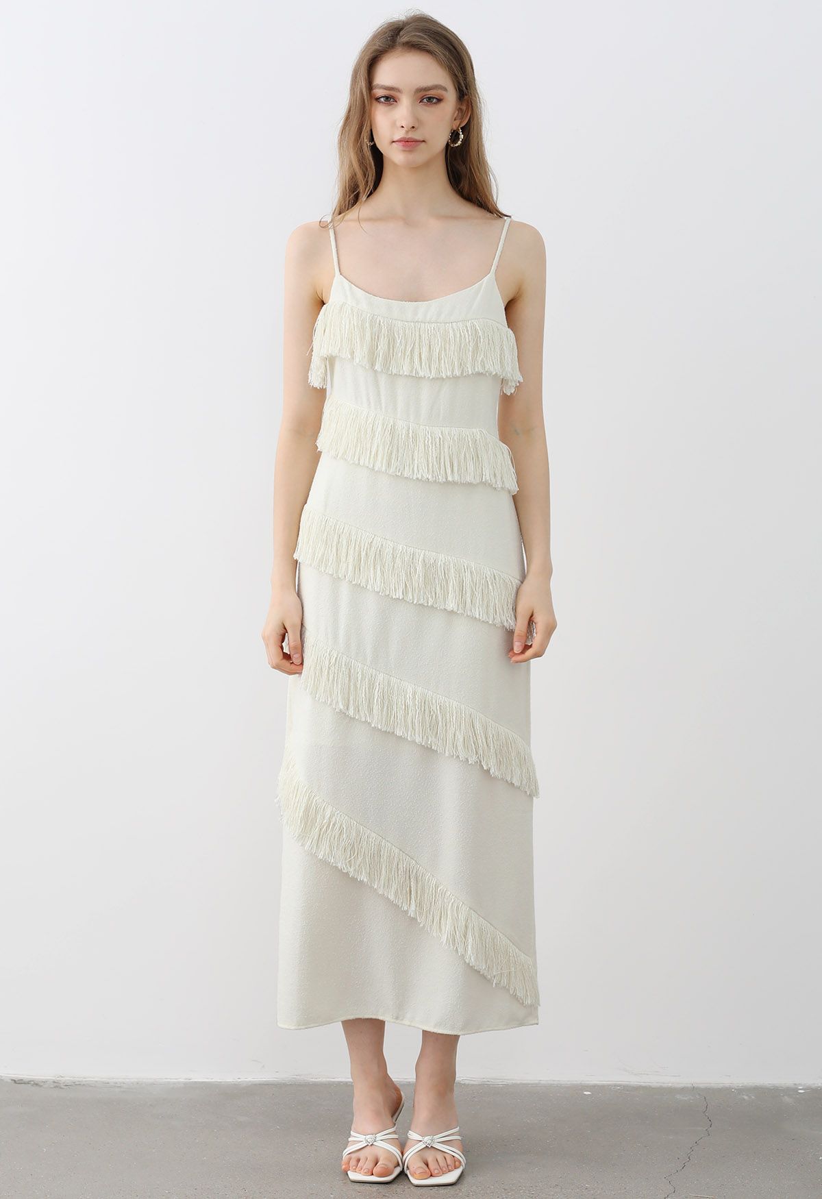 Playful Fringe Textured Cami Dress in Cream