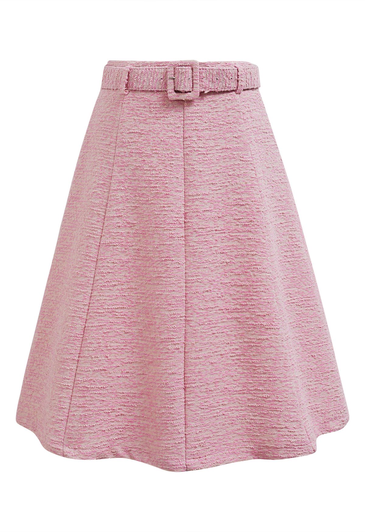 Shimmer Tweed Belted A-Line Midi Skirt in Pink