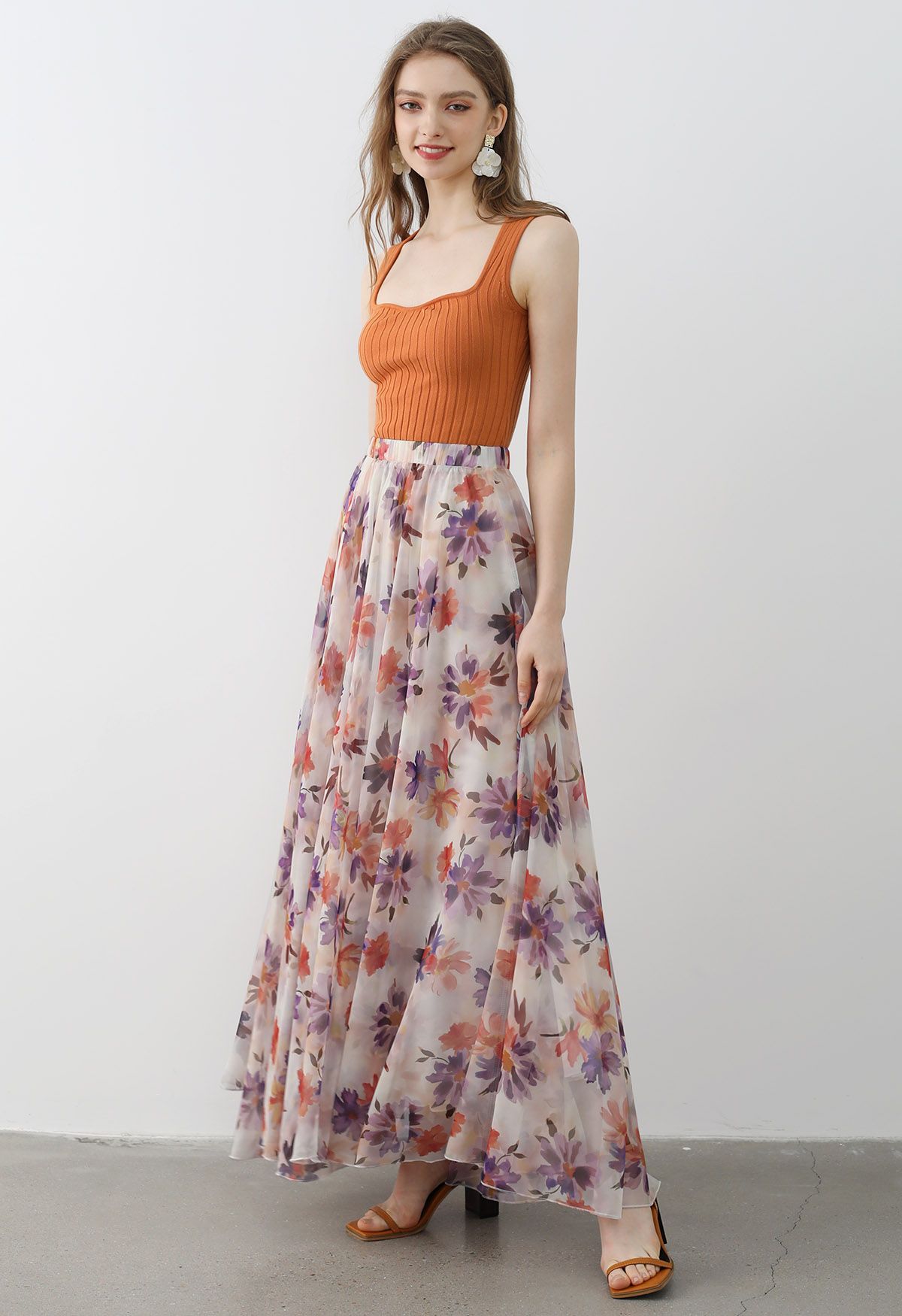 Sunlight Orange Floral Printed Chiffon Maxi Skirt