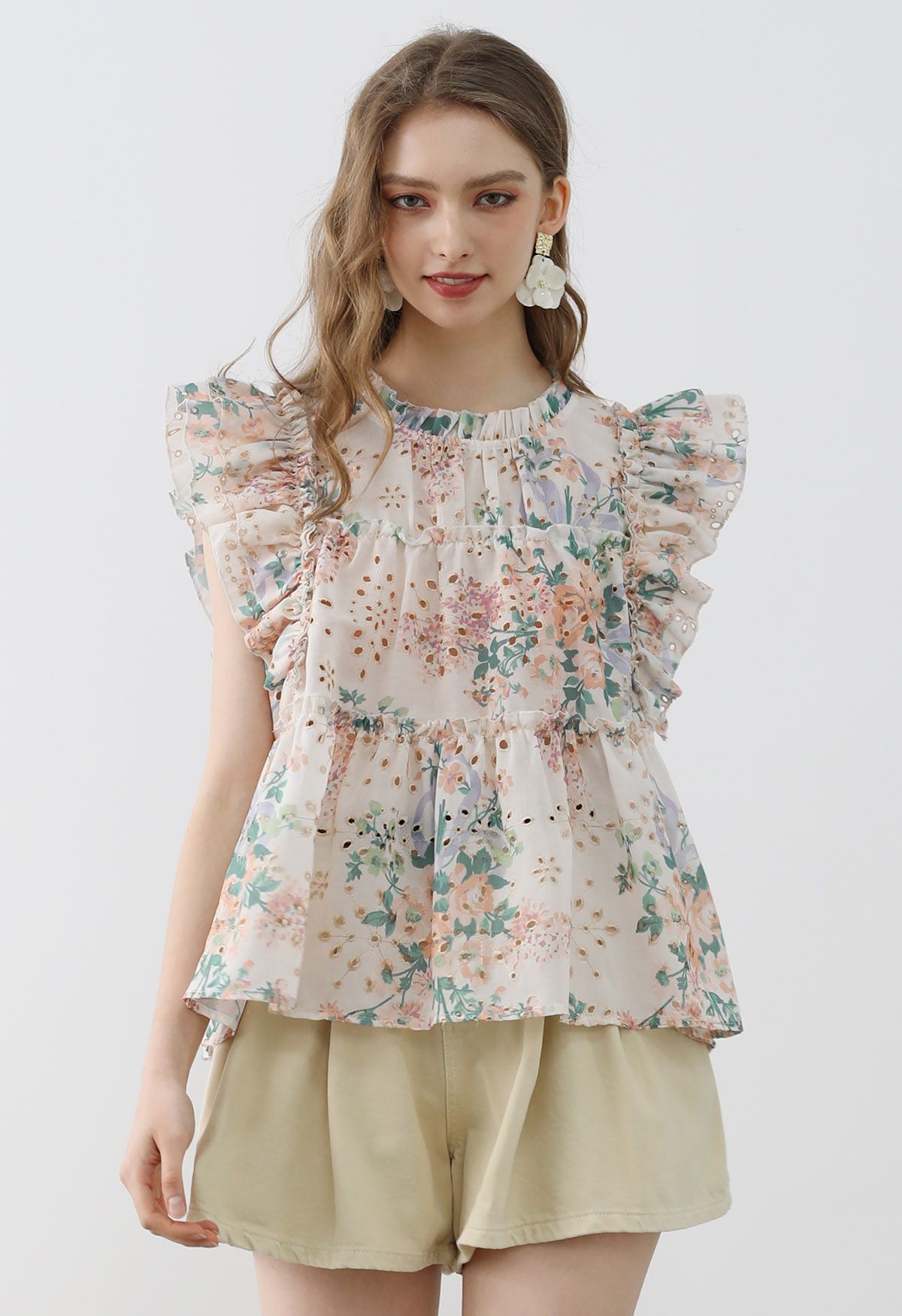 Metallic Embroidered Floral Print Sleeveless Dolly Top