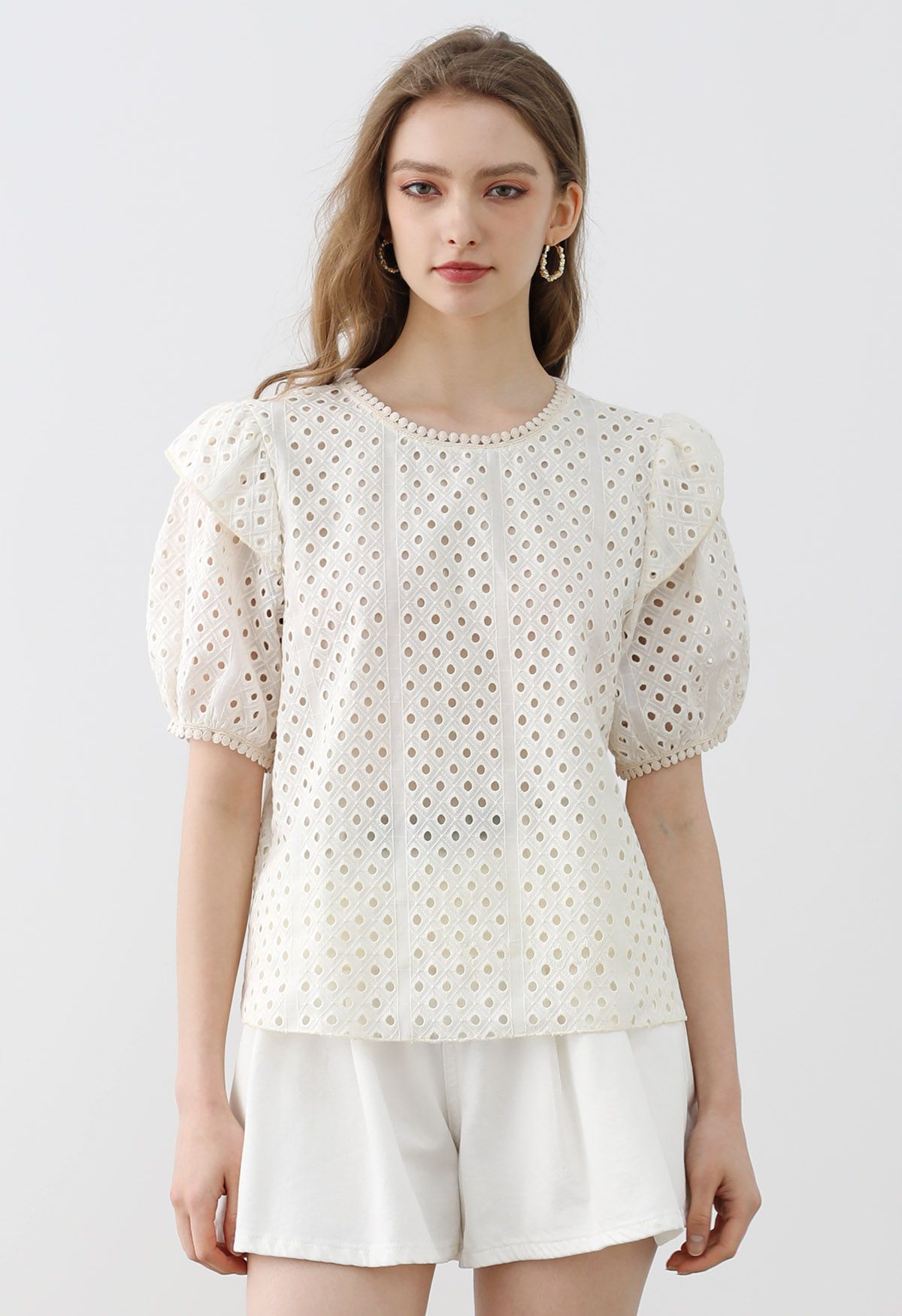 Breezy Eyelet Bubble Sleeve Cotton Top