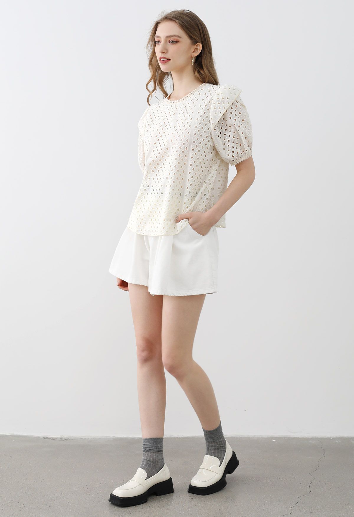 Breezy Eyelet Bubble Sleeve Cotton Top