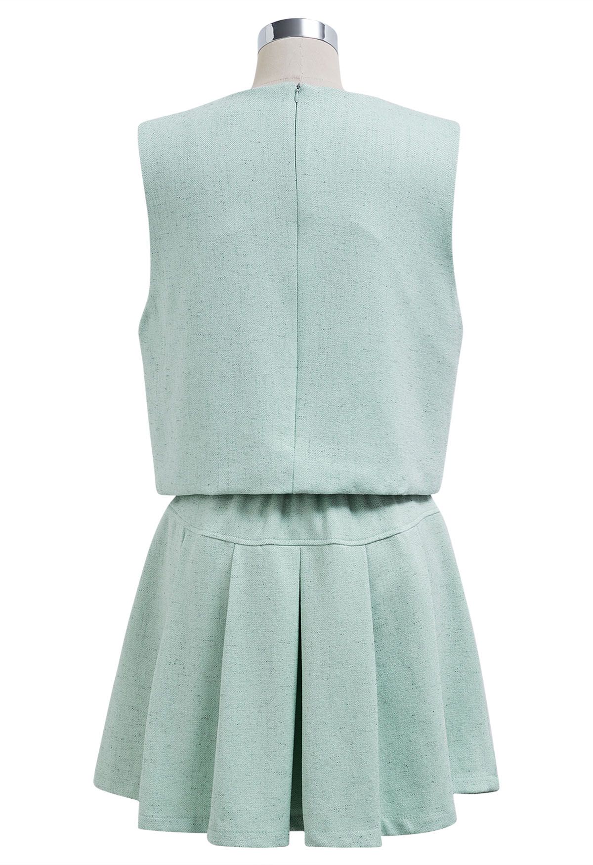 Chic Tweed Sleeveless Top and Pleated Mini Skirt Set in Mint