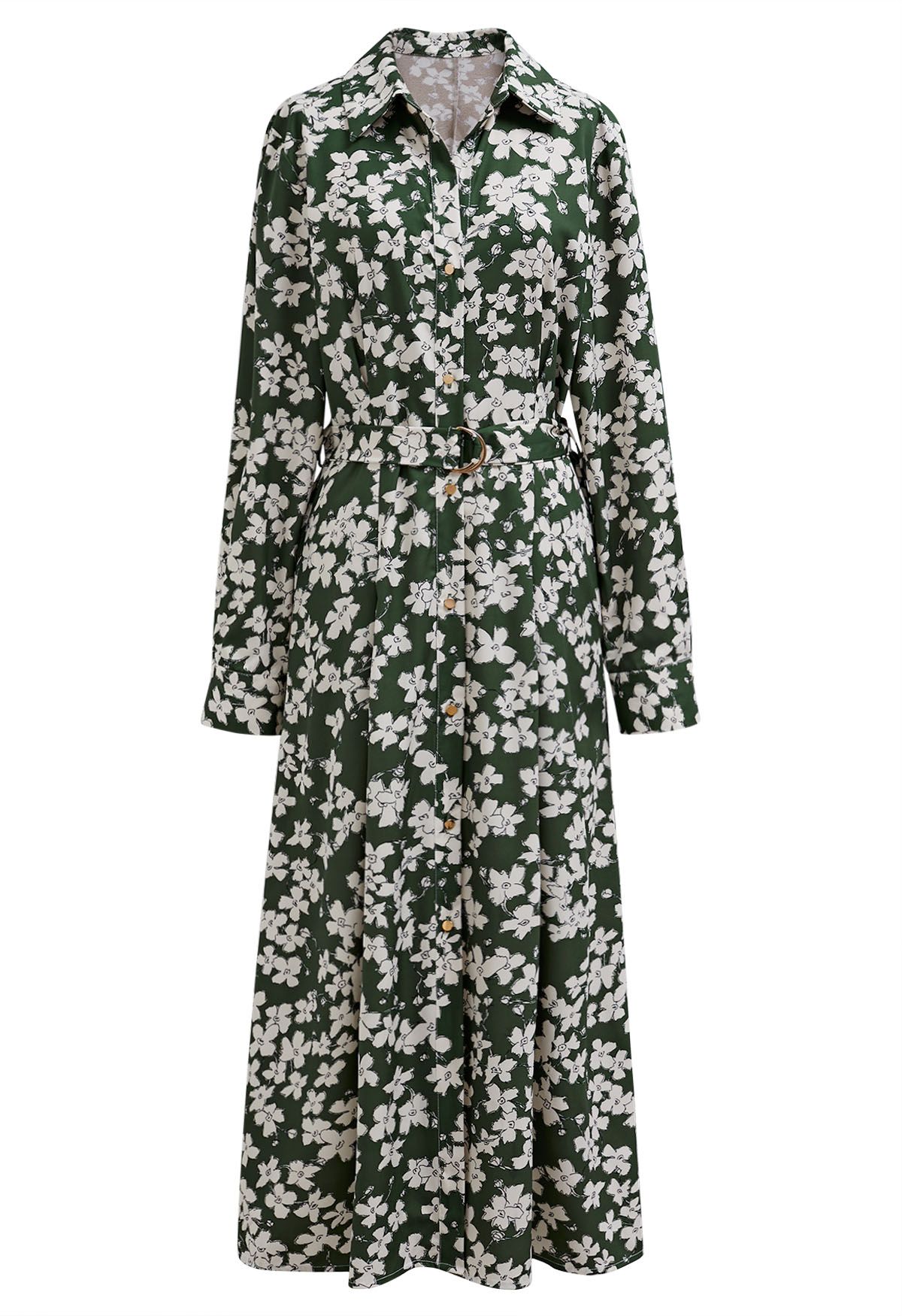 V-Neck Collared Floral Printed Belted Maxi Dress