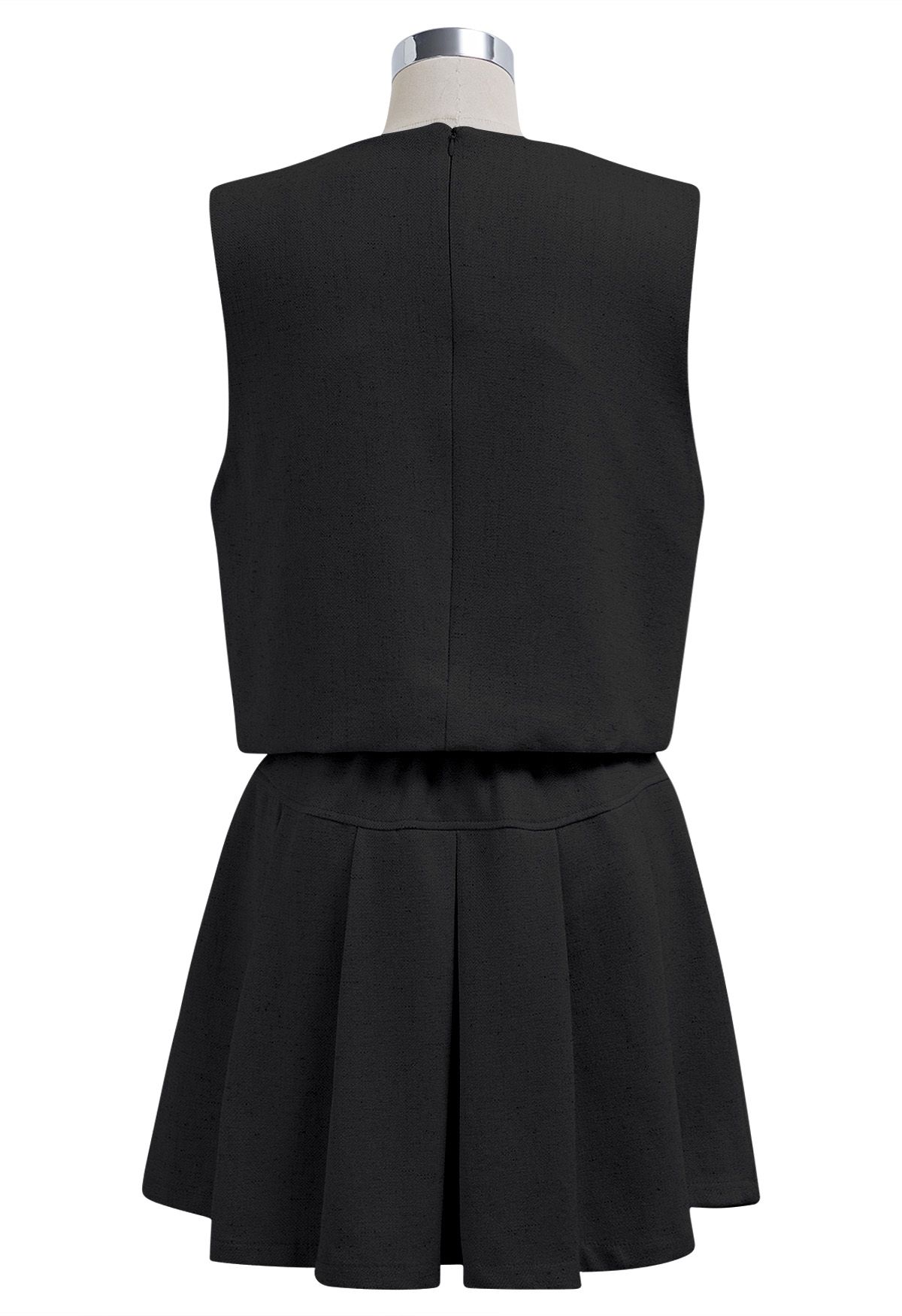 Chic Tweed Sleeveless Top and Pleated Mini Skirt Set in Black