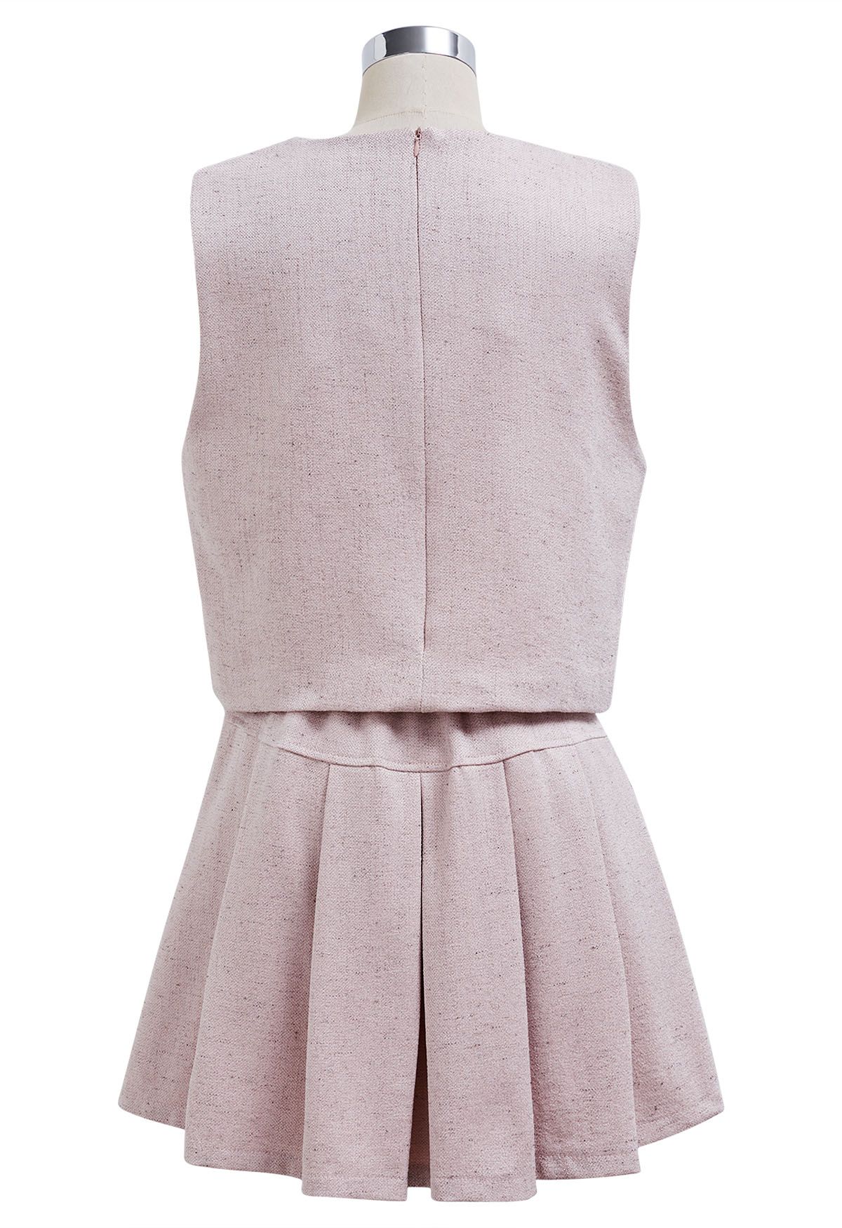 Chic Tweed Sleeveless Top and Pleated Mini Skirt Set in Pink