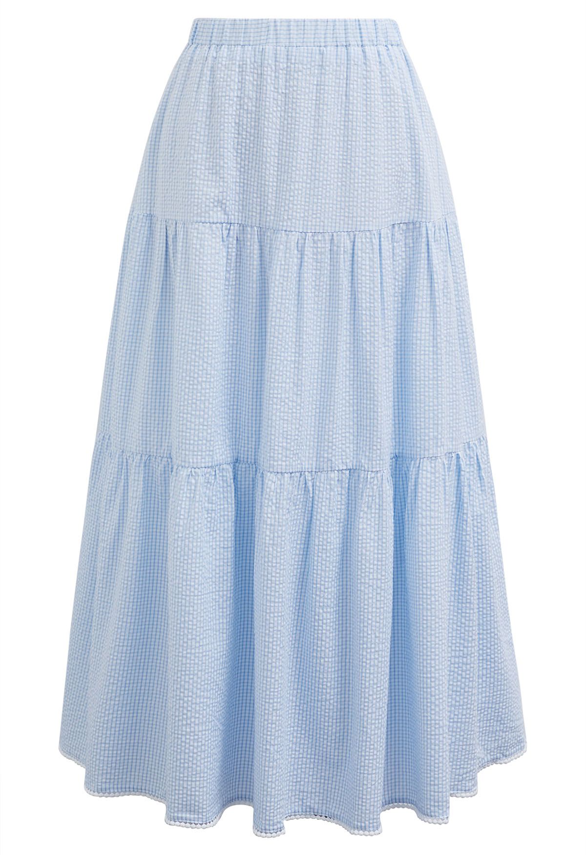 Gingham Print Off-Shoulder Top and Maxi Skirt Set in Blue