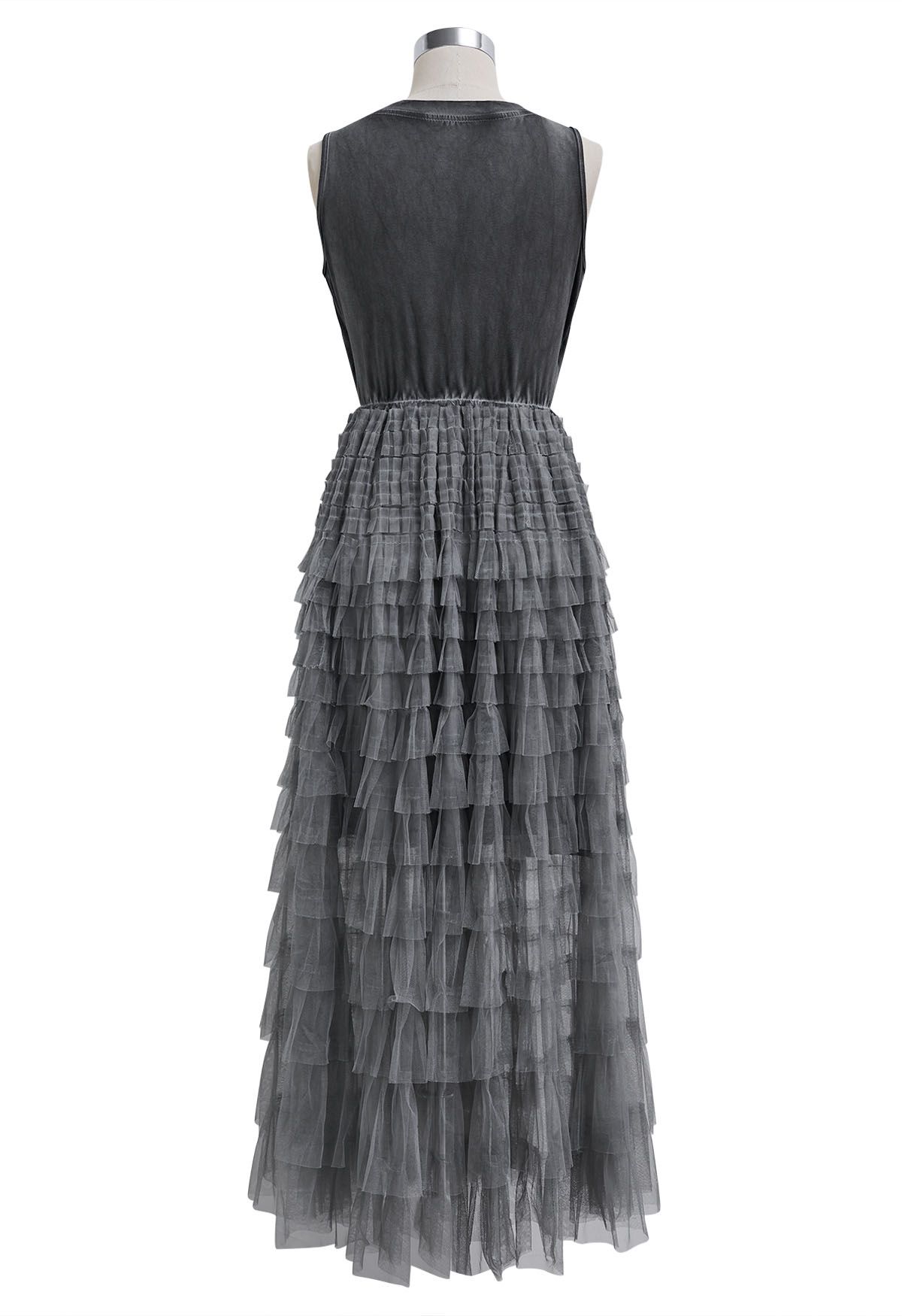 Tiered Mesh Spliced Sleeveless Maxi Dress in Smoke