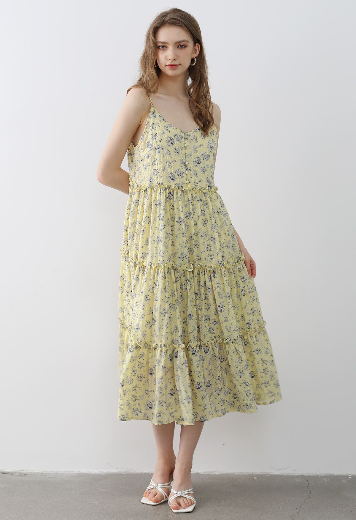 Floral Front Buttoned Ruffled Trim Cami Midi Dress in Light Yellow