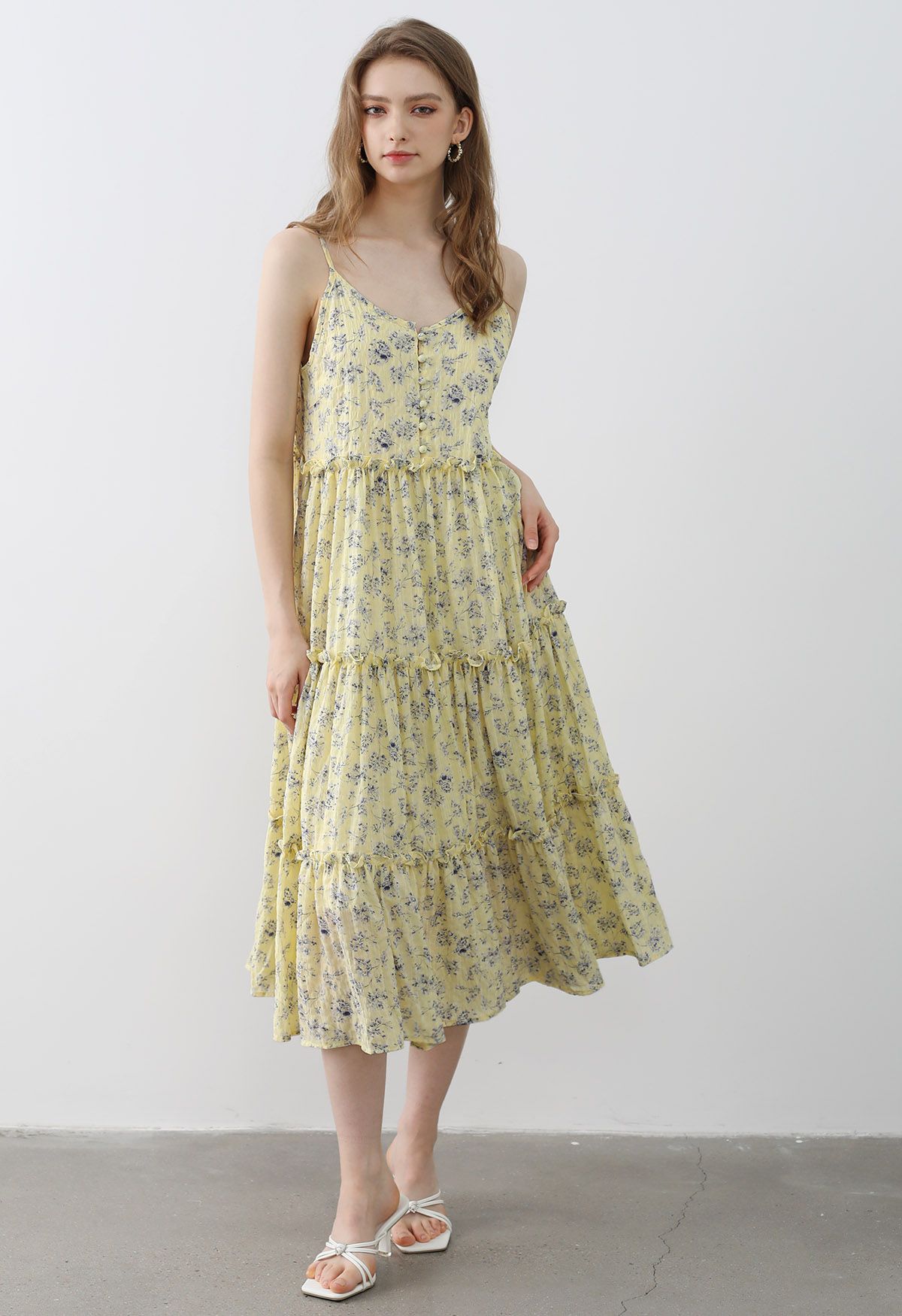 Floral Front Buttoned Ruffled Trim Cami Midi Dress in Light Yellow Retro Indie and Unique Fashion