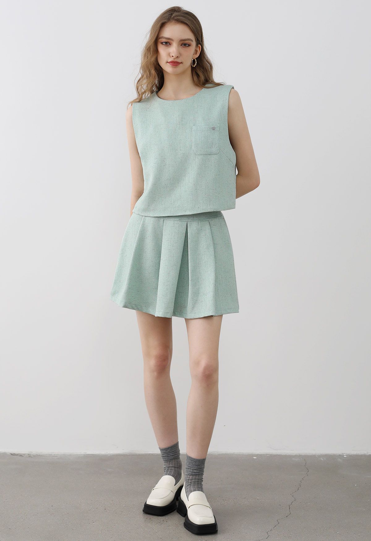 Chic Tweed Sleeveless Top and Pleated Mini Skirt Set in Mint