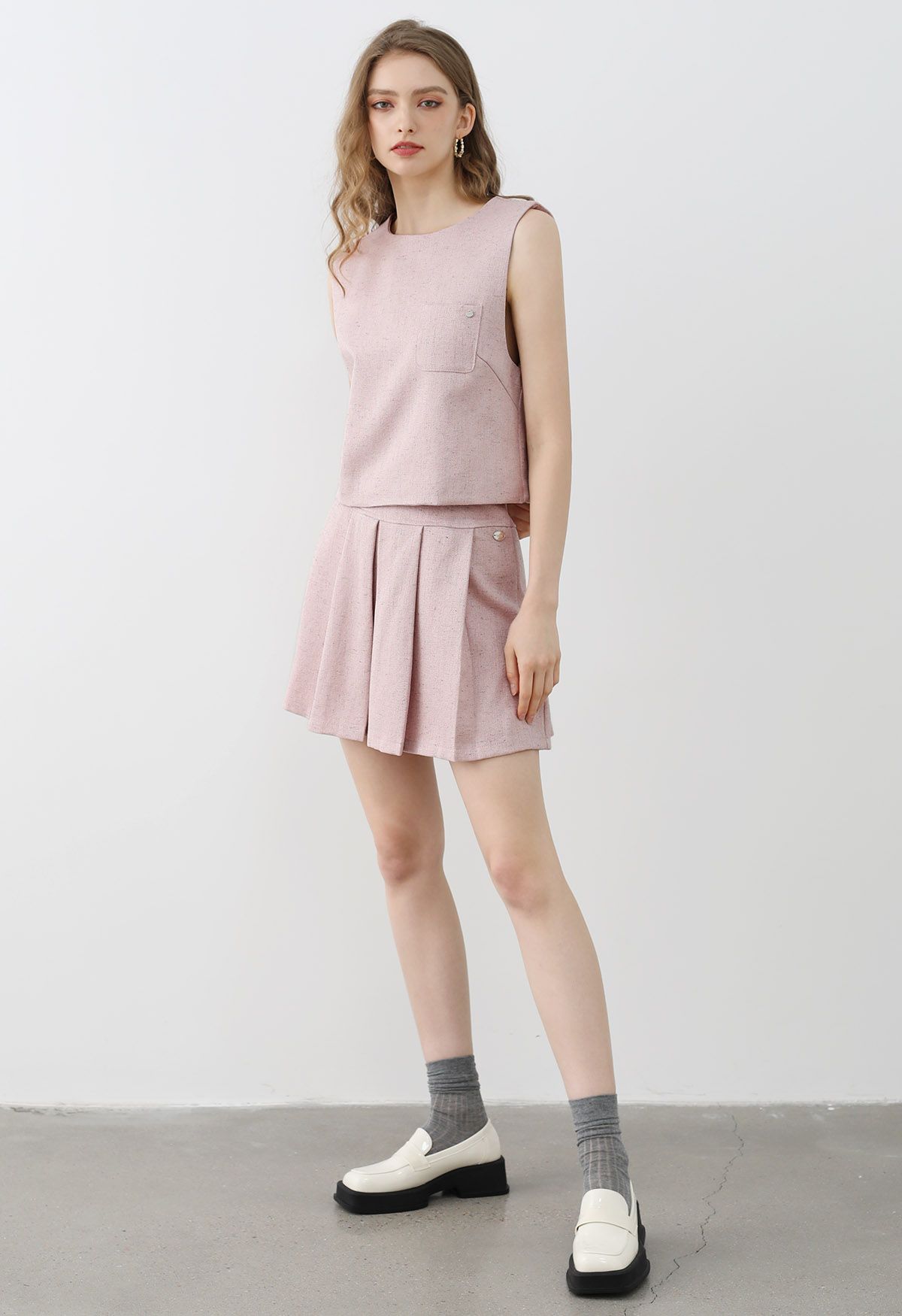 Chic Tweed Sleeveless Top and Pleated Mini Skirt Set in Pink