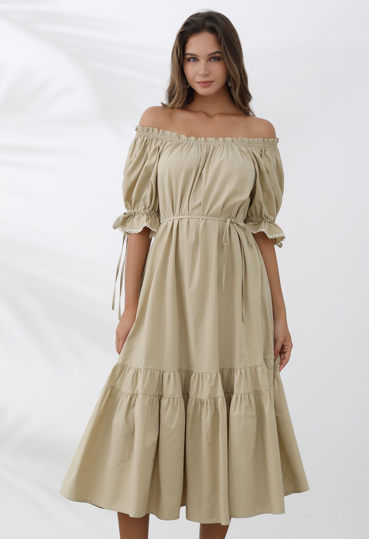 Off-Shoulder Frilling Cotton Dress in Sand - Retro, Indie and Unique ...