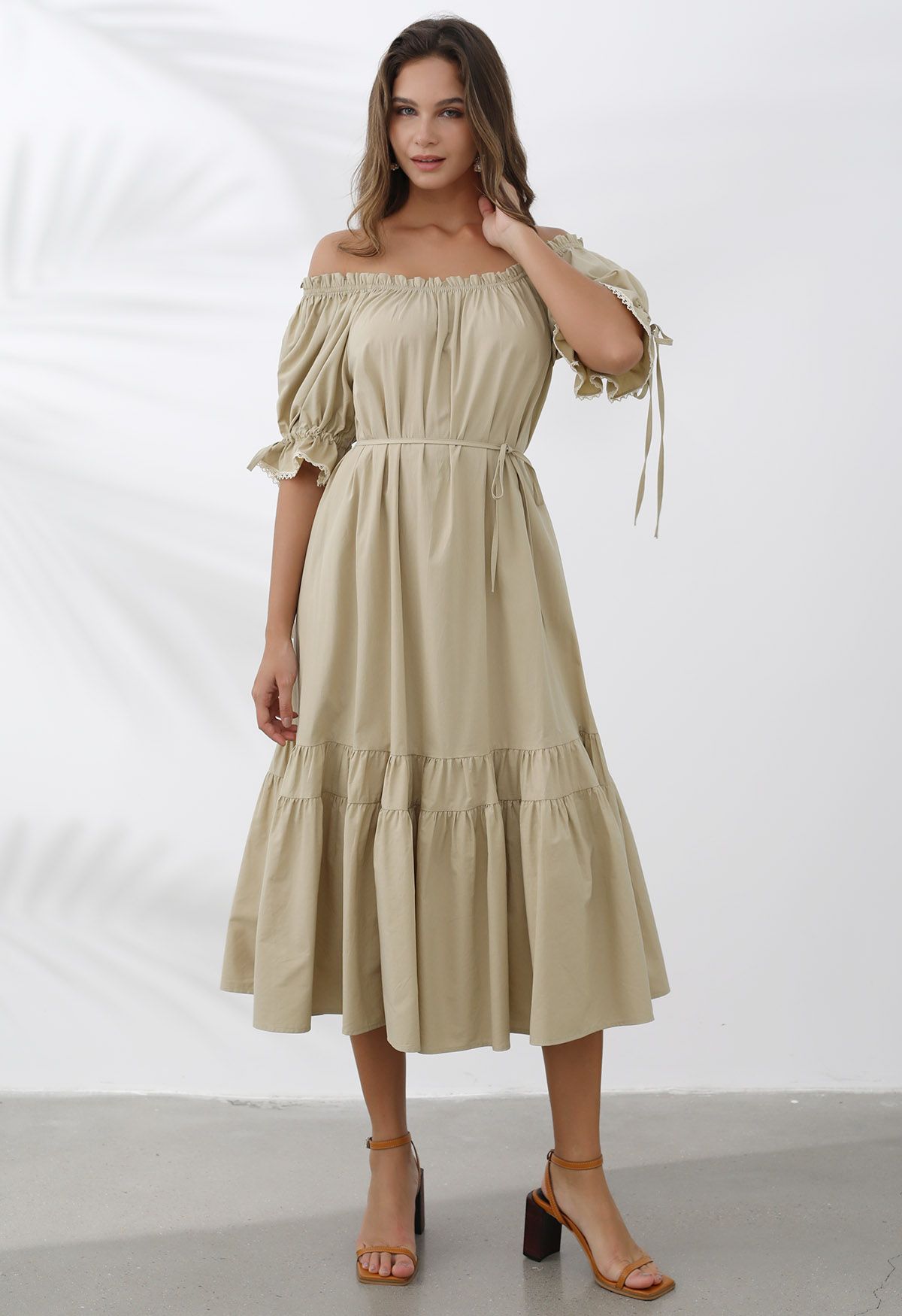 Off-Shoulder Frilling Cotton Dress in Sand