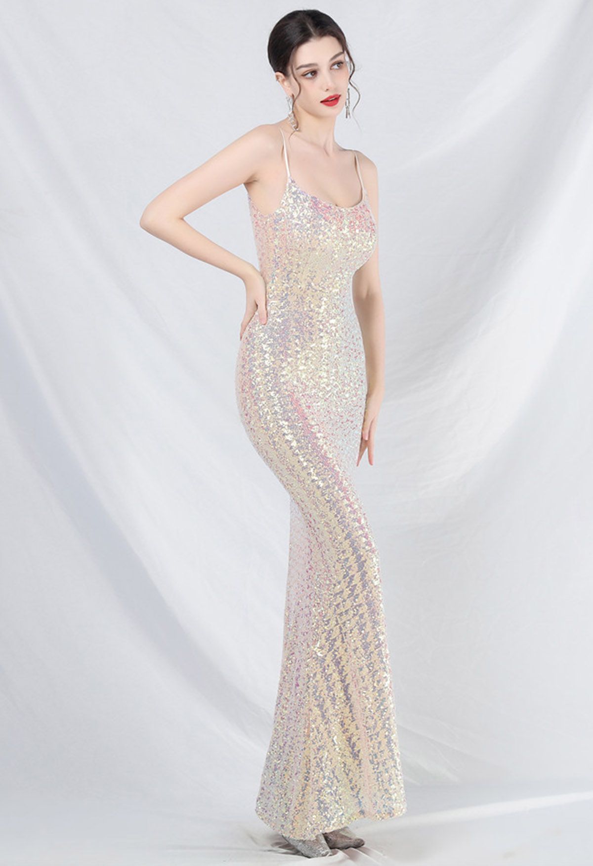 Fairytale Sequin Mermaid Cami Gown in Apricot