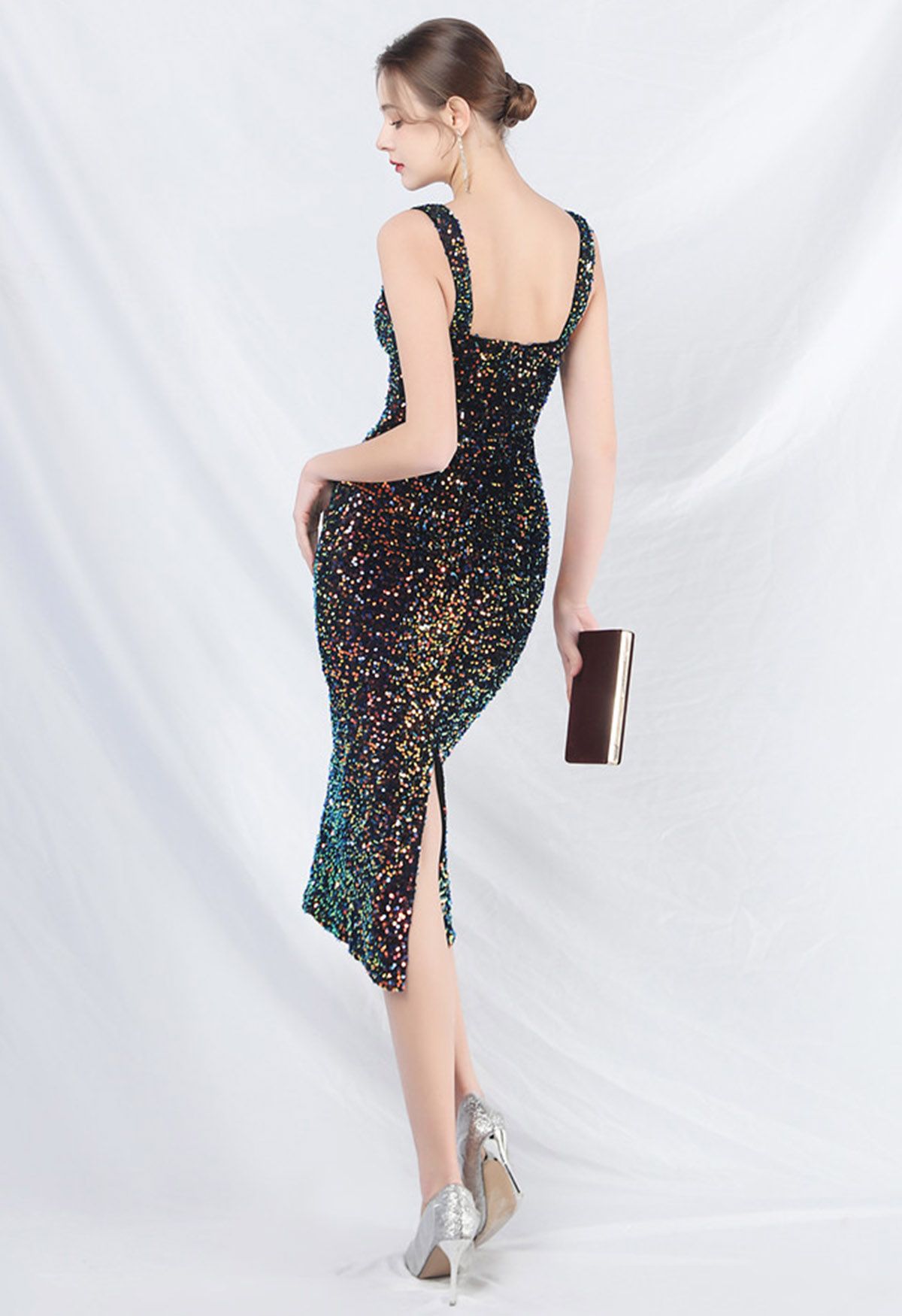 Glitzy Sequin Split Velvet Cami Gown in Black