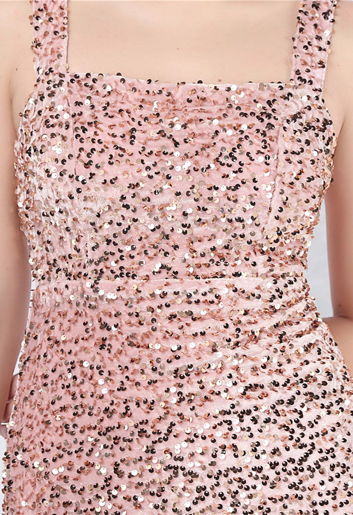Glitzy Sequin Split Velvet Cami Gown in Pink