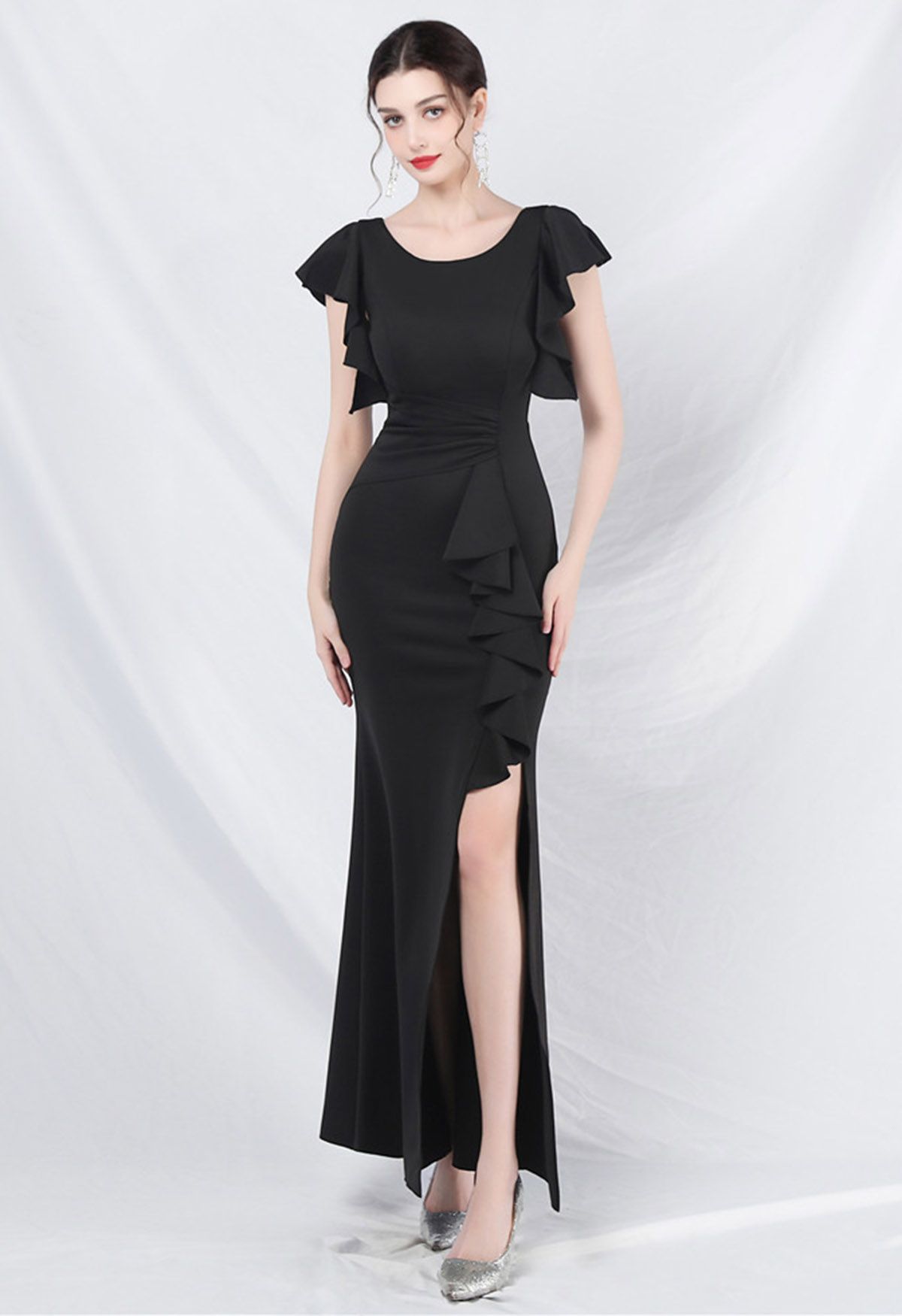 Glamorous Ruffle Trim Slit Mermaid Gown in Black