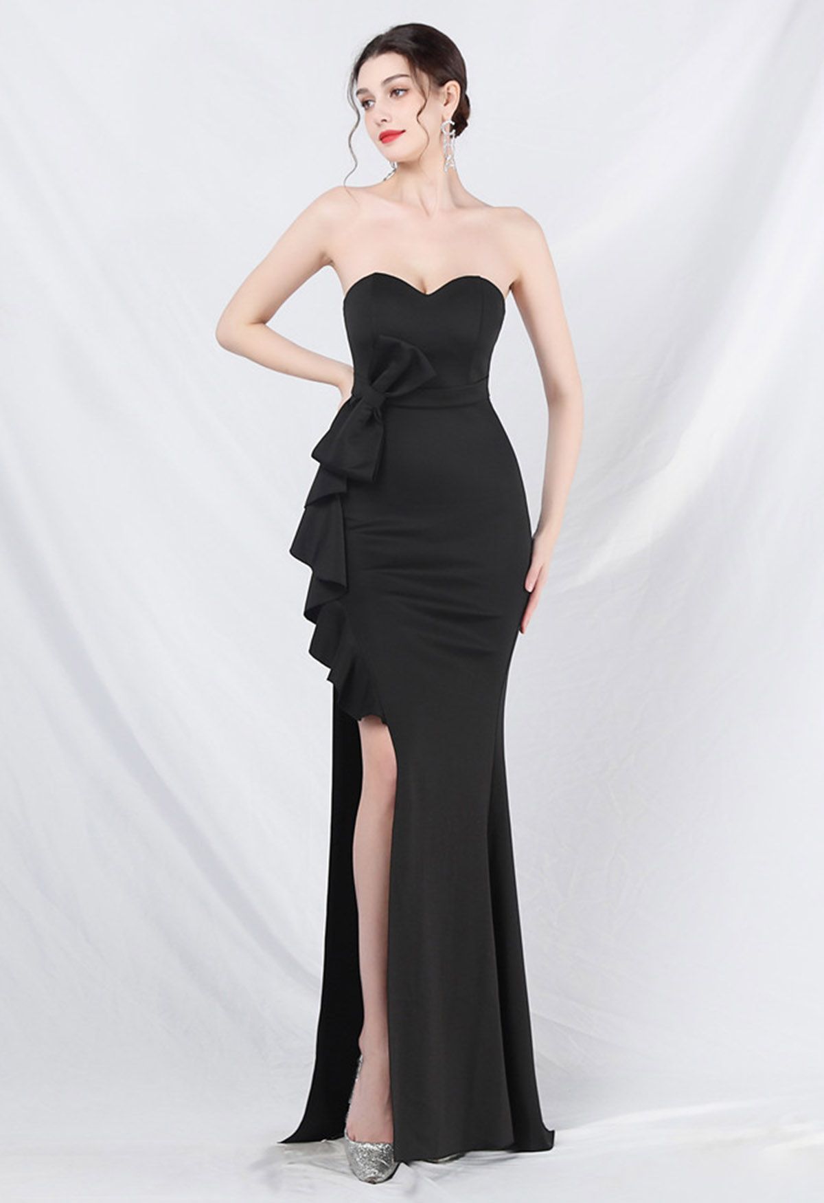 Strapless Bowknot Waist Ruffle Slit Gown in Black