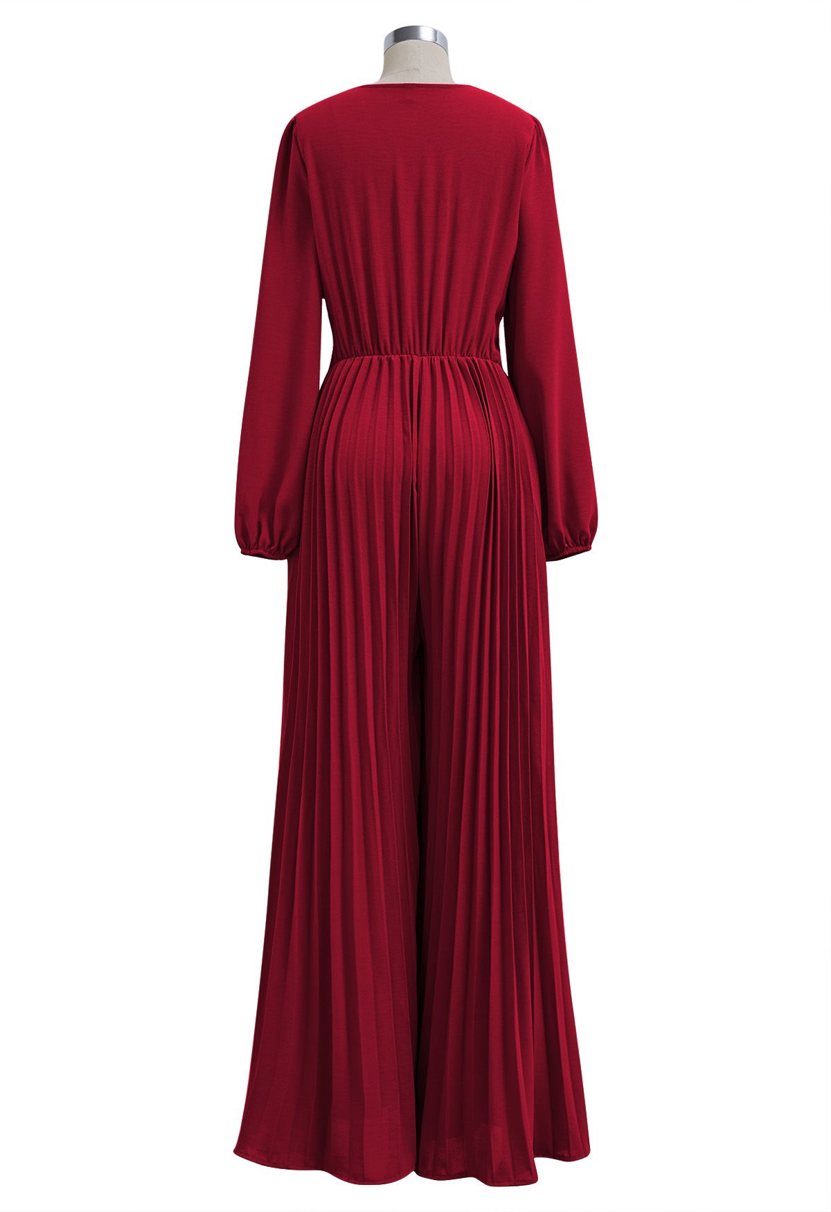 Sash Adorned Wide Leg Pleated Jumpsuit in Red Retro Indie and Unique Fashion