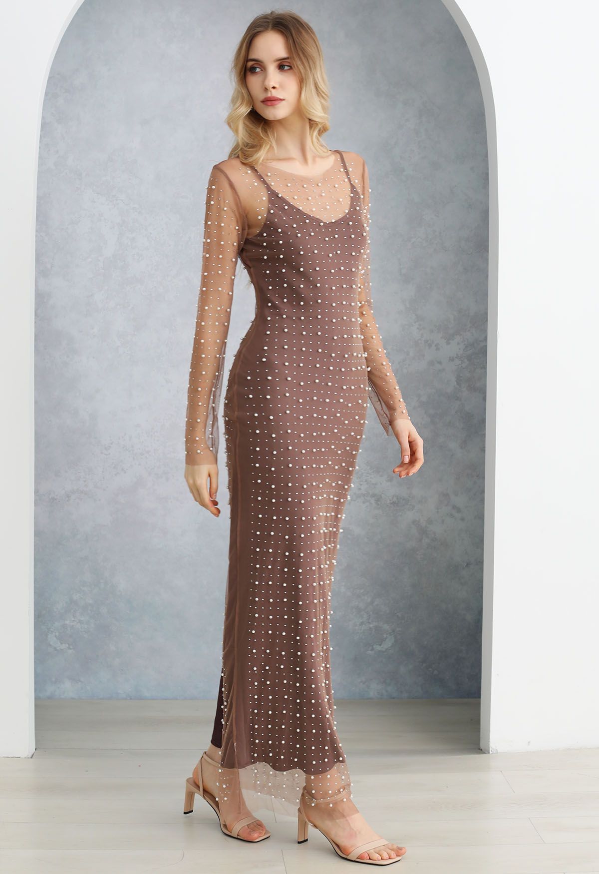 Full Pearl Embellished Sheer Mesh Cover-Up Maxi Dress in Plum