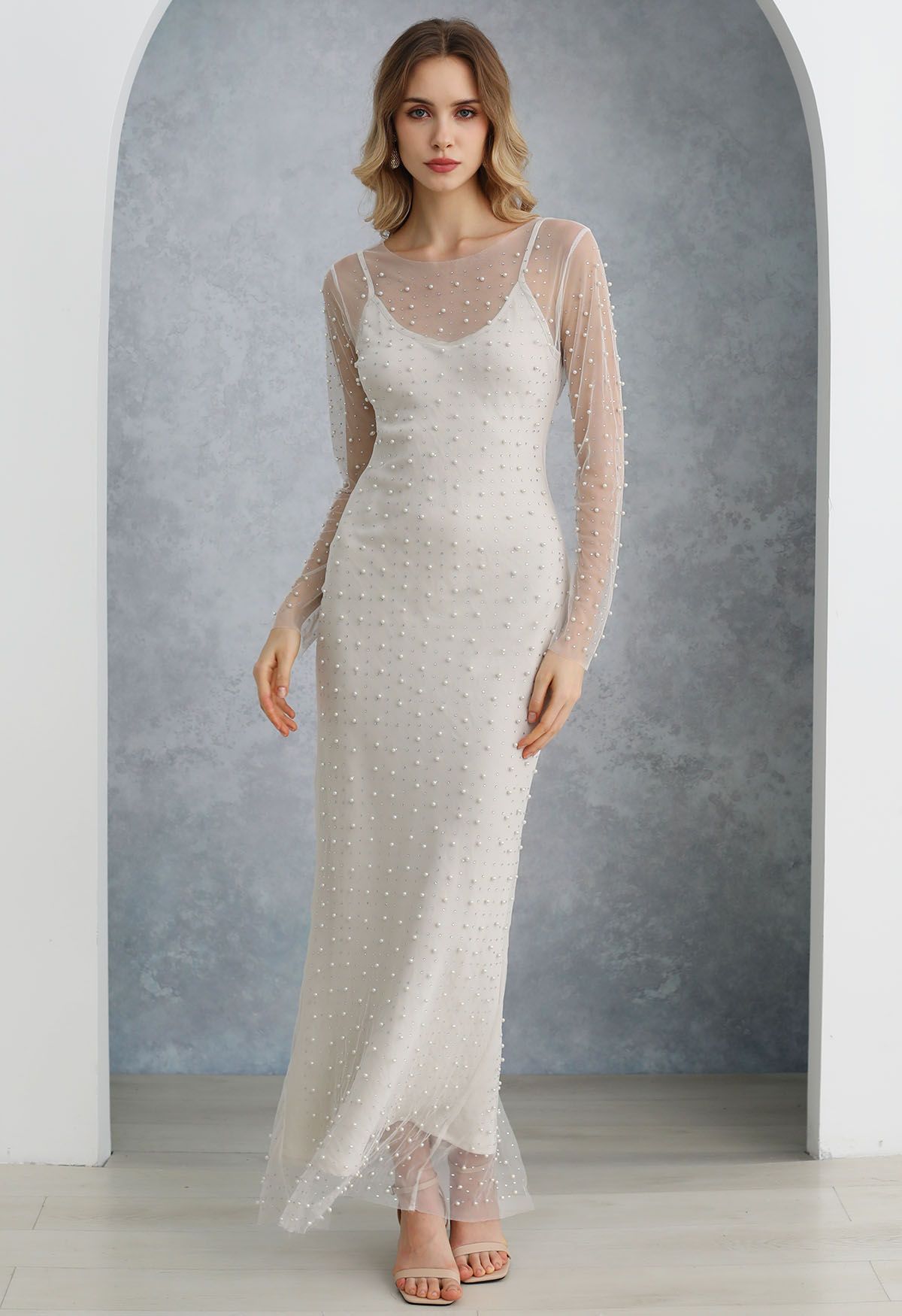 Full Pearl Embellished Sheer Mesh Cover Up Maxi Dress in Cream