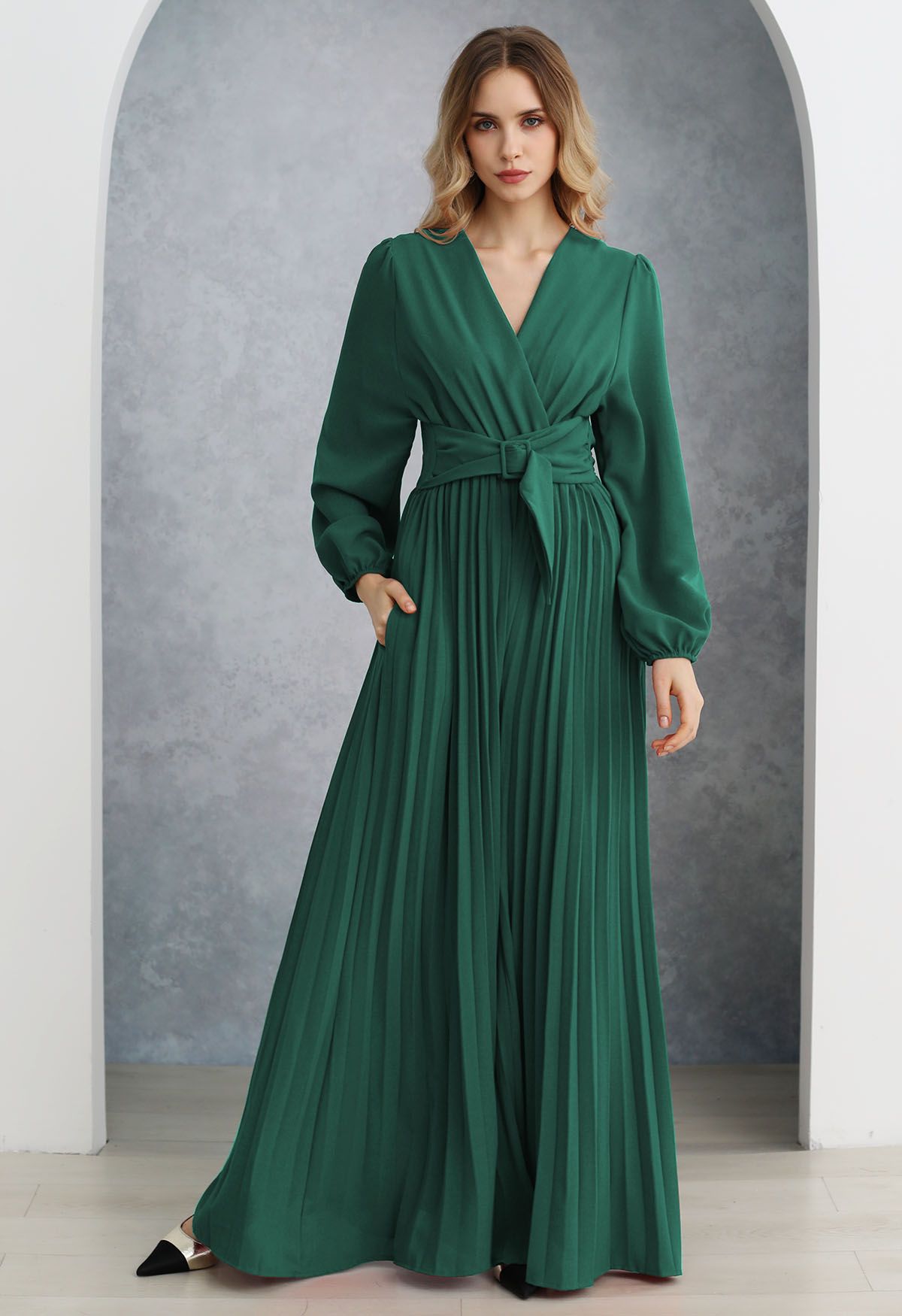 Sash Adorned Wide Leg Pleated Jumpsuit in Dark Green